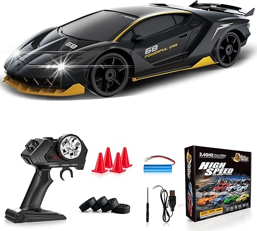 Coche de deriva a control remoto 1:24, auto de control remoto 4WD 15KM/H, auto deportivo de carreras de alta velocidad con luces LED, autos a Negro-1