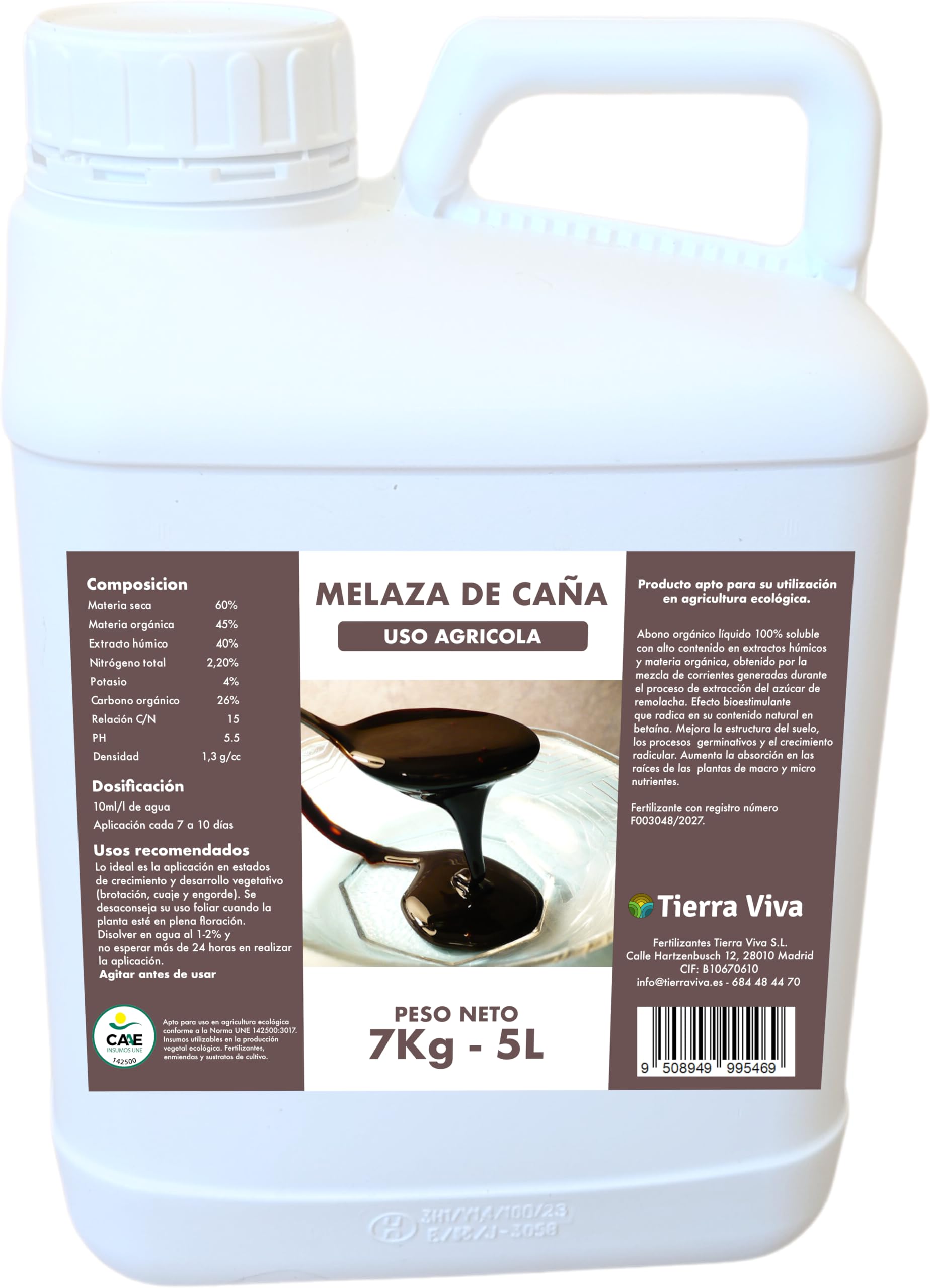 Melaza para plantas ecológica 7Kg (5L). Agro melaza. Fertilizante universal natural que mejora el suelo y potencia tus cultivos. Estimula la actividad de microorganismos beneficiosos