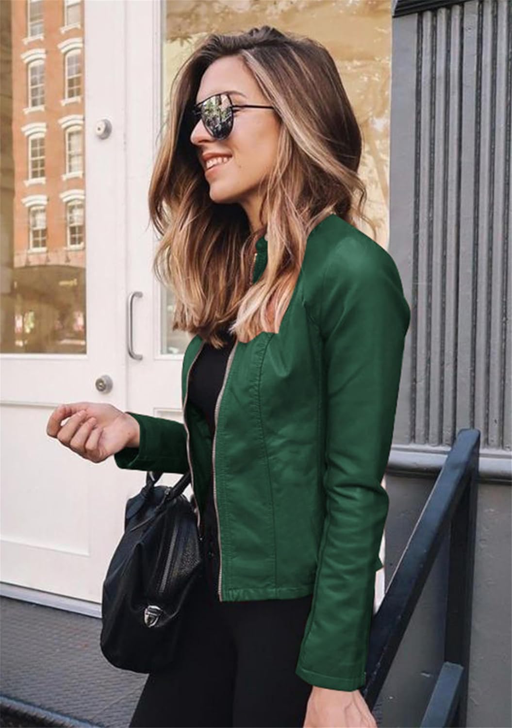 Women's Long Sleeve Fall Jacket Zipper Solid Color Blazer Casual Faux Leather Coat