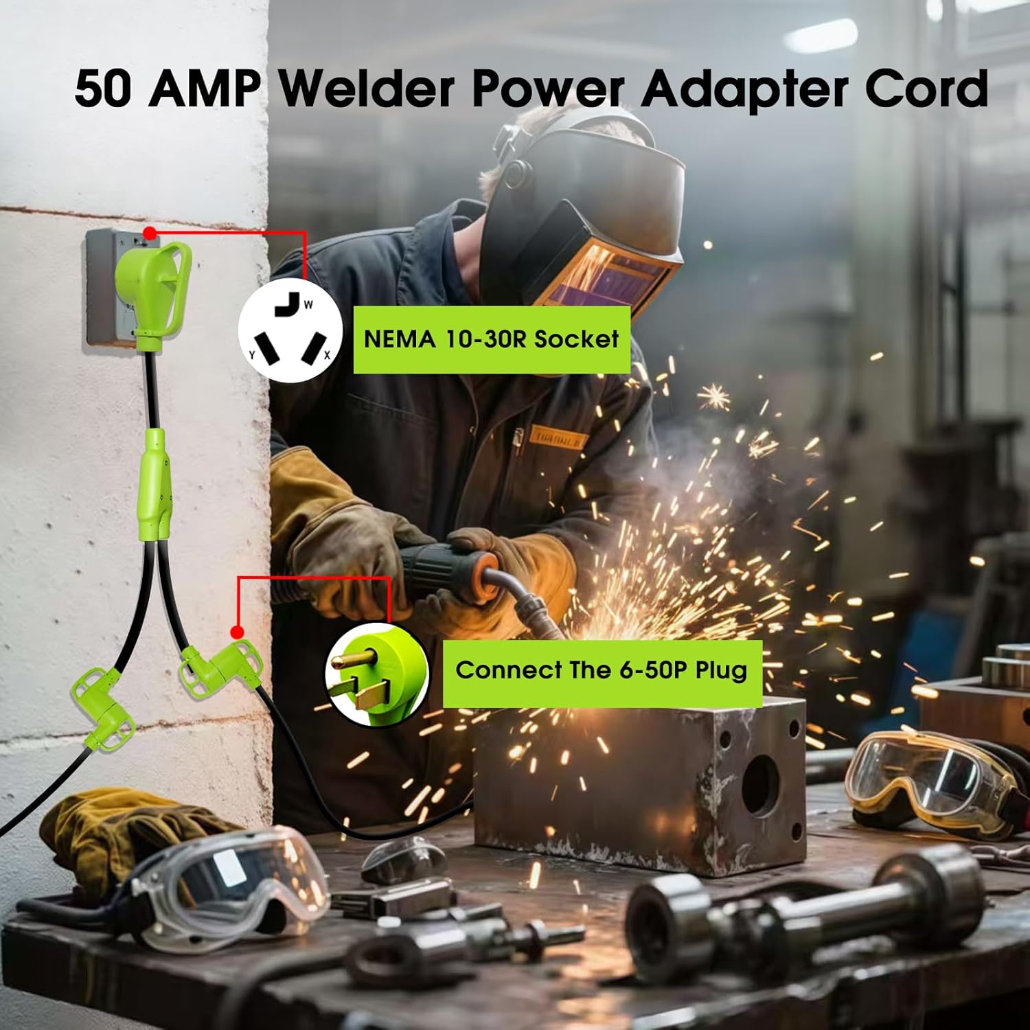 30 Amp 120/240V Y Splitter for Dryer and Welder, 3 Prong NEMA 10-30P to 10-30R/6-50R Splitter Cord, Adapter for 6-50P Welder and Older Homes Dryer, Electric Ranger, STW 3/10 AWG, 2.5FT