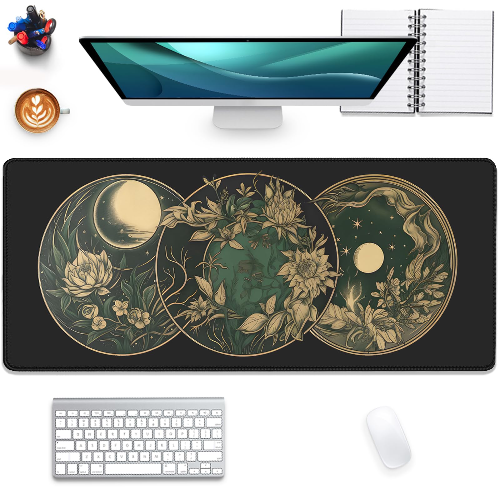Celestial Moon Phases Art Nouveau Witch Aesthetic Green Dark Academia Mouse Pad,Non-Slip Waterproof Rubber Base Mouse Pad for Office,Computer,Keyboard,Laptop and Home Desk Pad(27.5X11.8 in)