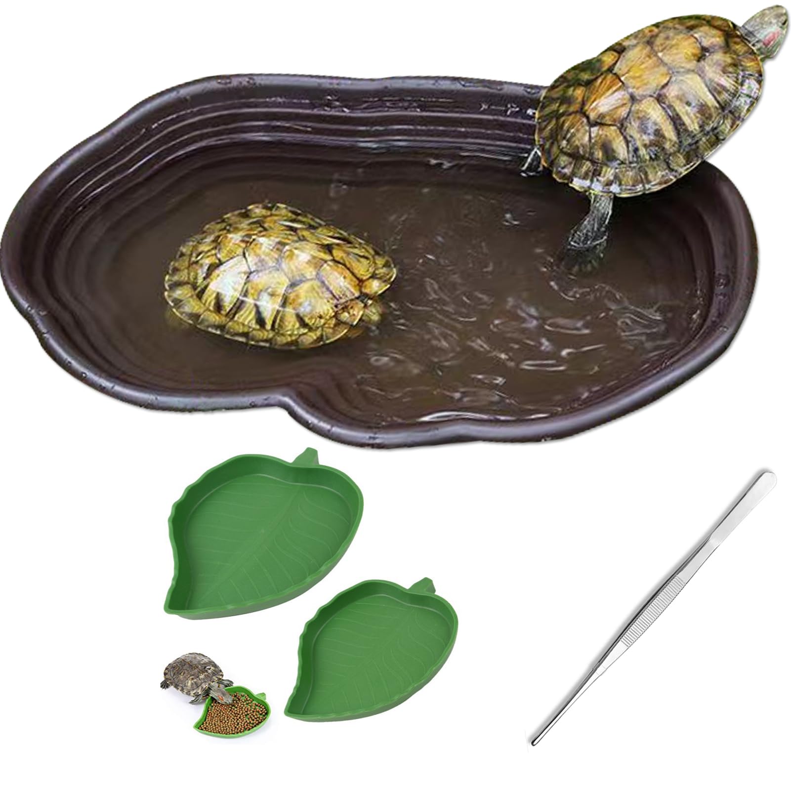Piscina per rettili con gradini, ideale per tartarughe, salamandre, draghi barbuti, lucertola, rana folletta, include 2 piatti a forma di foglia e pinzette