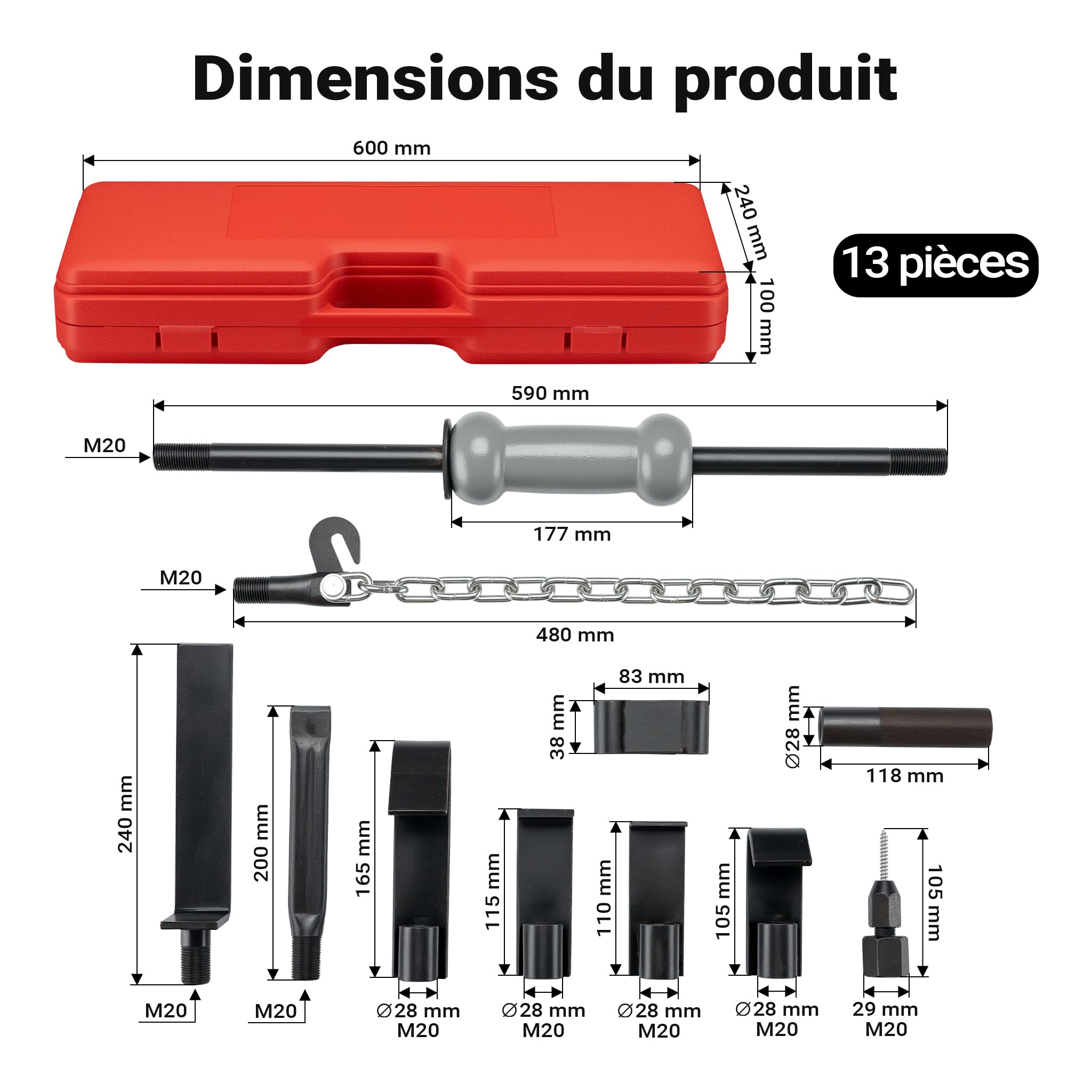 Wiltec Kit Marteau coulissant universel 11 pcs. - dans un coffret - Outil d'inertie et accessoires pour Débosselage carrosserie Réparation Redressage automobile