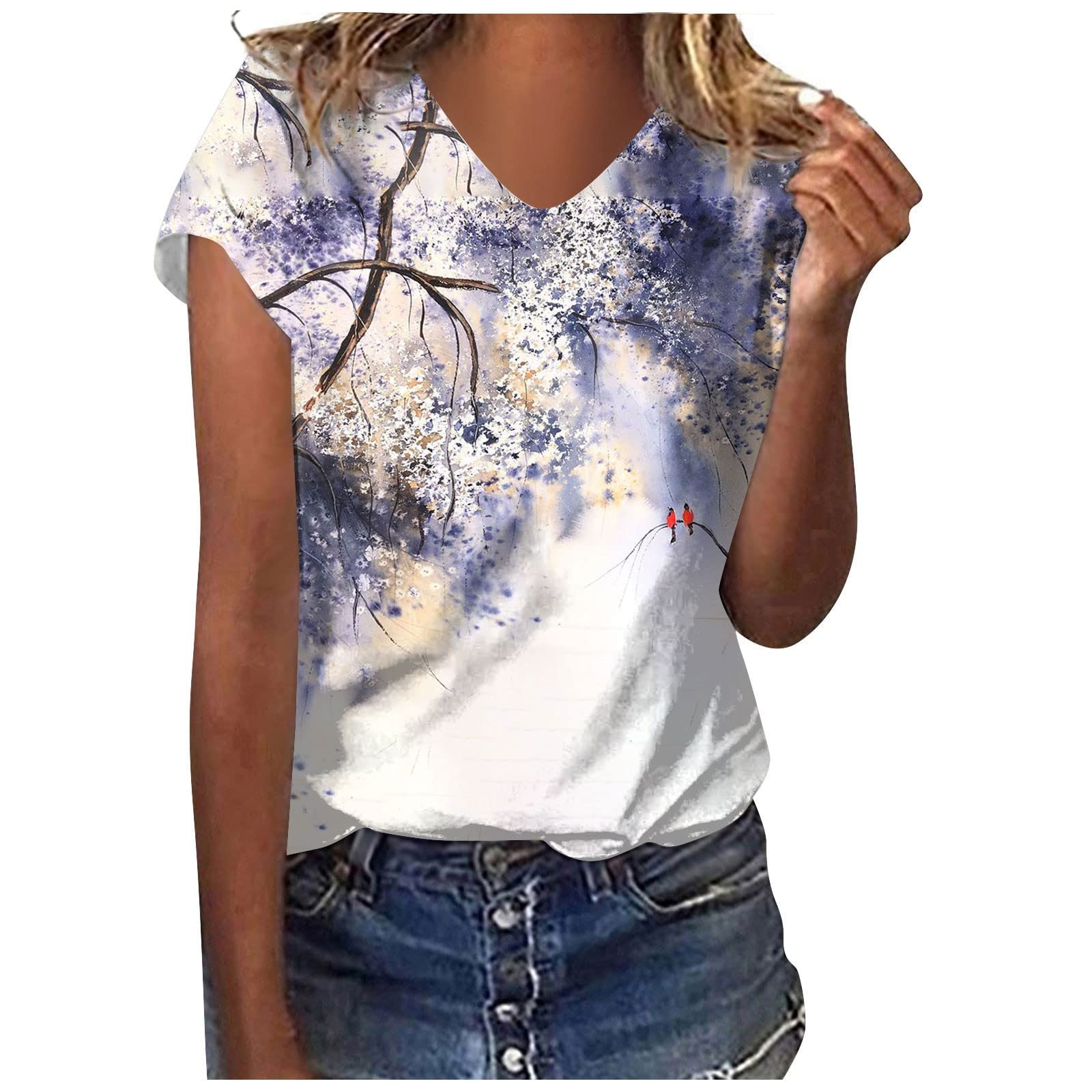 GenericWomen Flower Print Short Sleeve Tops Lace Crochet V Neck Blouse Flowy Shirt Summer Dressy Blouses