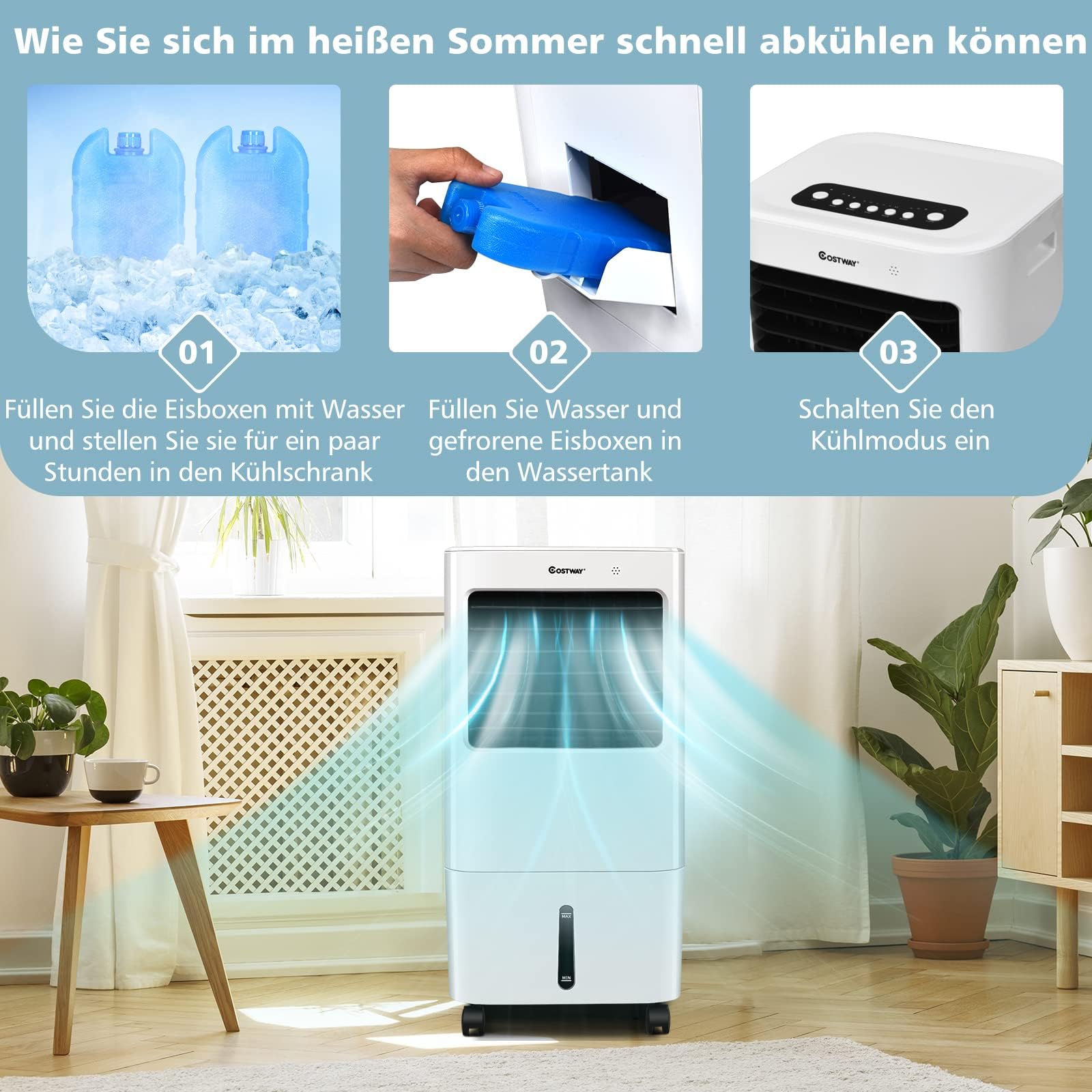 COSTWAY Mobile Klimaanlage ohne Abluftschlauch, 3 in 1 Luftkühler 65W | 3 in 1 Klimagerät Luftreiniger Luftbefeuchter / 8H Timer / 20L Tank/ Fernbedienung / 3 Stufen / Fernbedienung