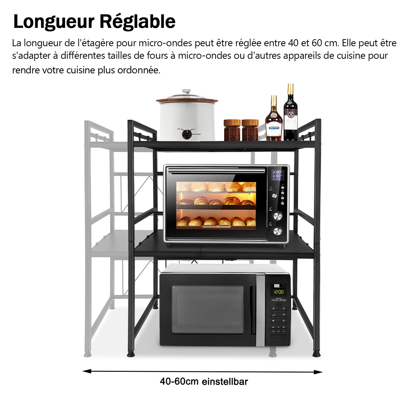 LARS360 Étagère à Micro-Ondes Extensible avec 3 Niveaux en Acier au Carbone, Support pour Micro-Ondes avec 8 Crochets Suspendus pour Cuisine et Rangement (Noir) LARS-(HAG2483D)