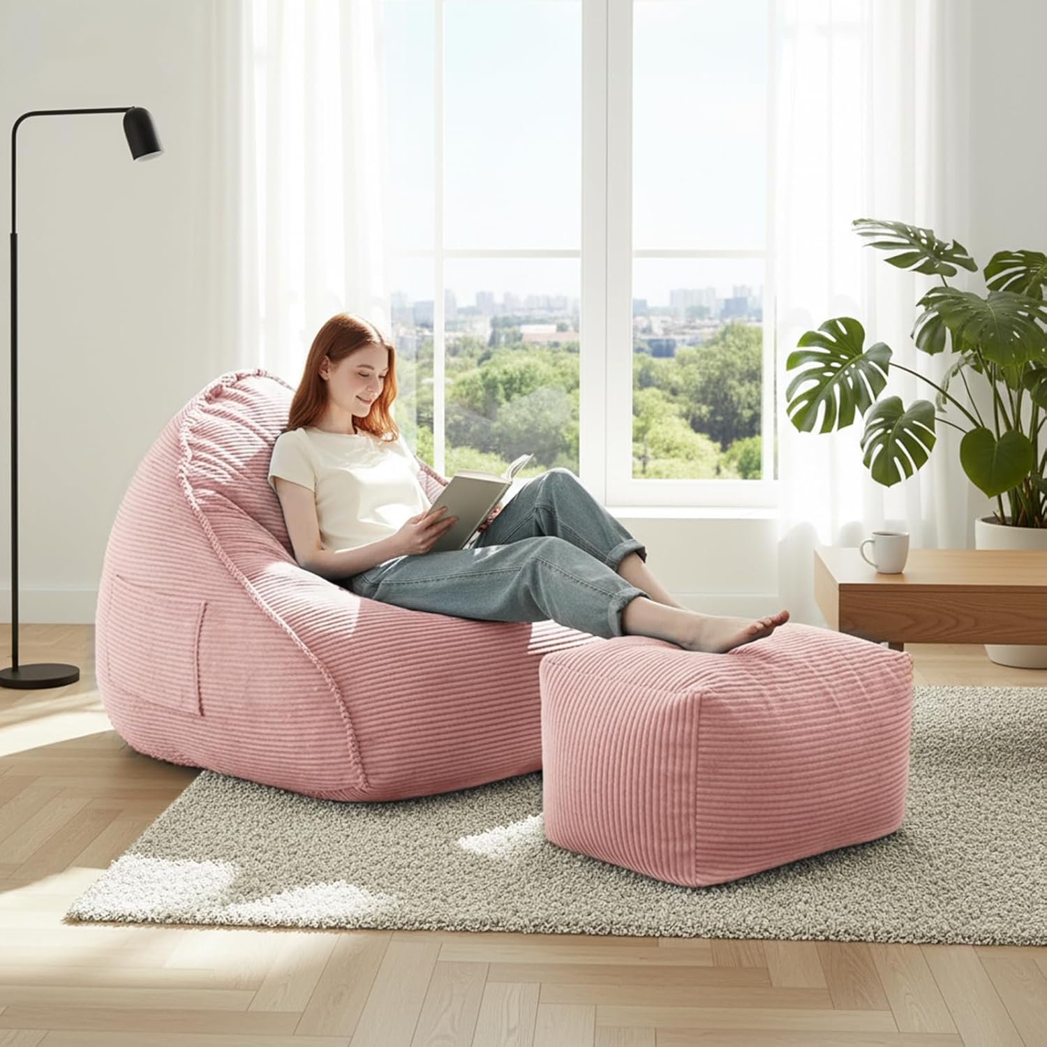 Bean Bag Chair with Ottoman for Adults, Large Corduroy Bean Bag Couch, Boneless Chaise Lounge Reading Chair with High-Resilience Foam, Floor Lounger for Bedroom Living Room (Grey)