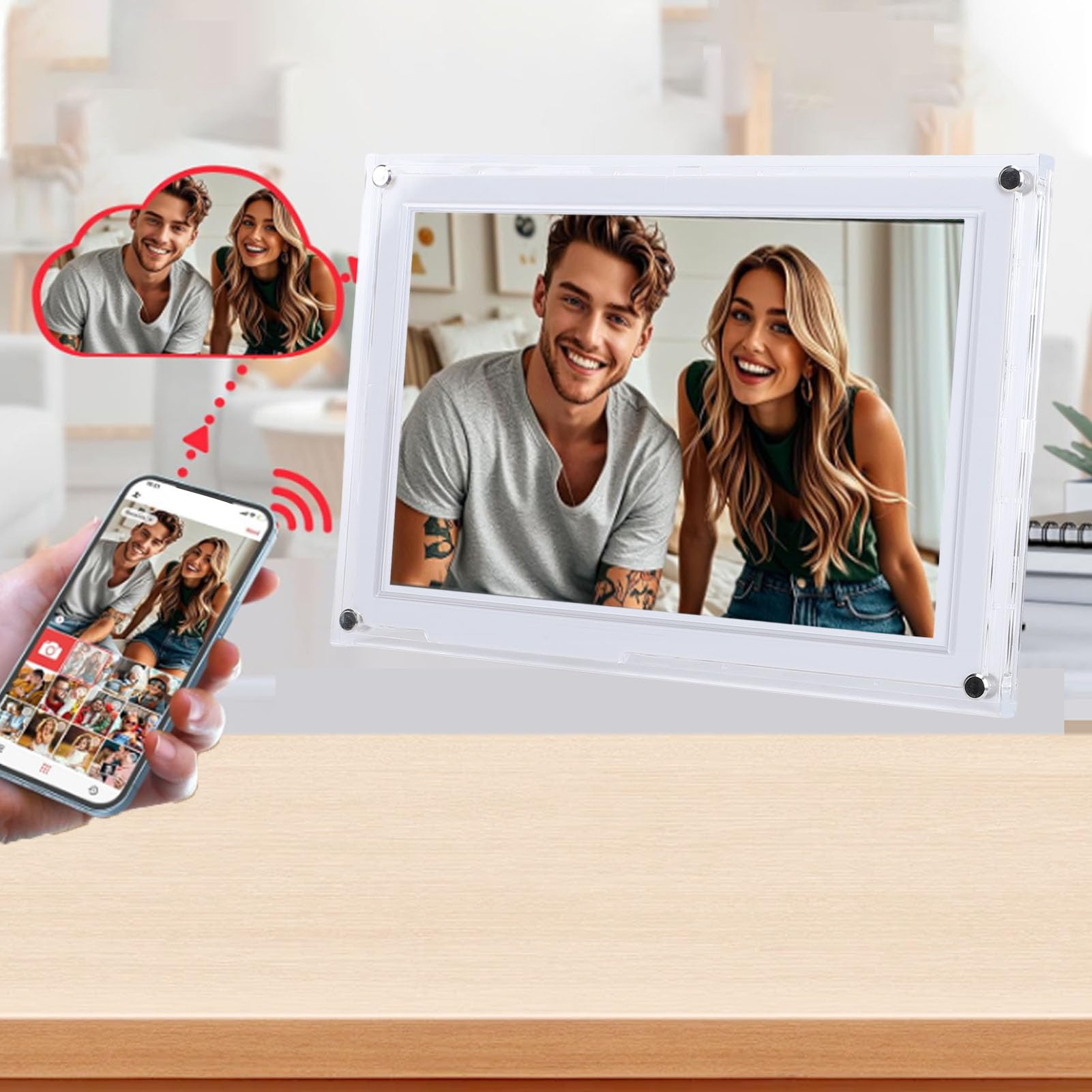 Cadre Photo Numérique 10.1 Pouces HD écran Tactile Rotation Automatique WiFi Cadre Photo Intelligent pour Les Mariages Réunions de Famille 32GB Acrylique (Blanc)