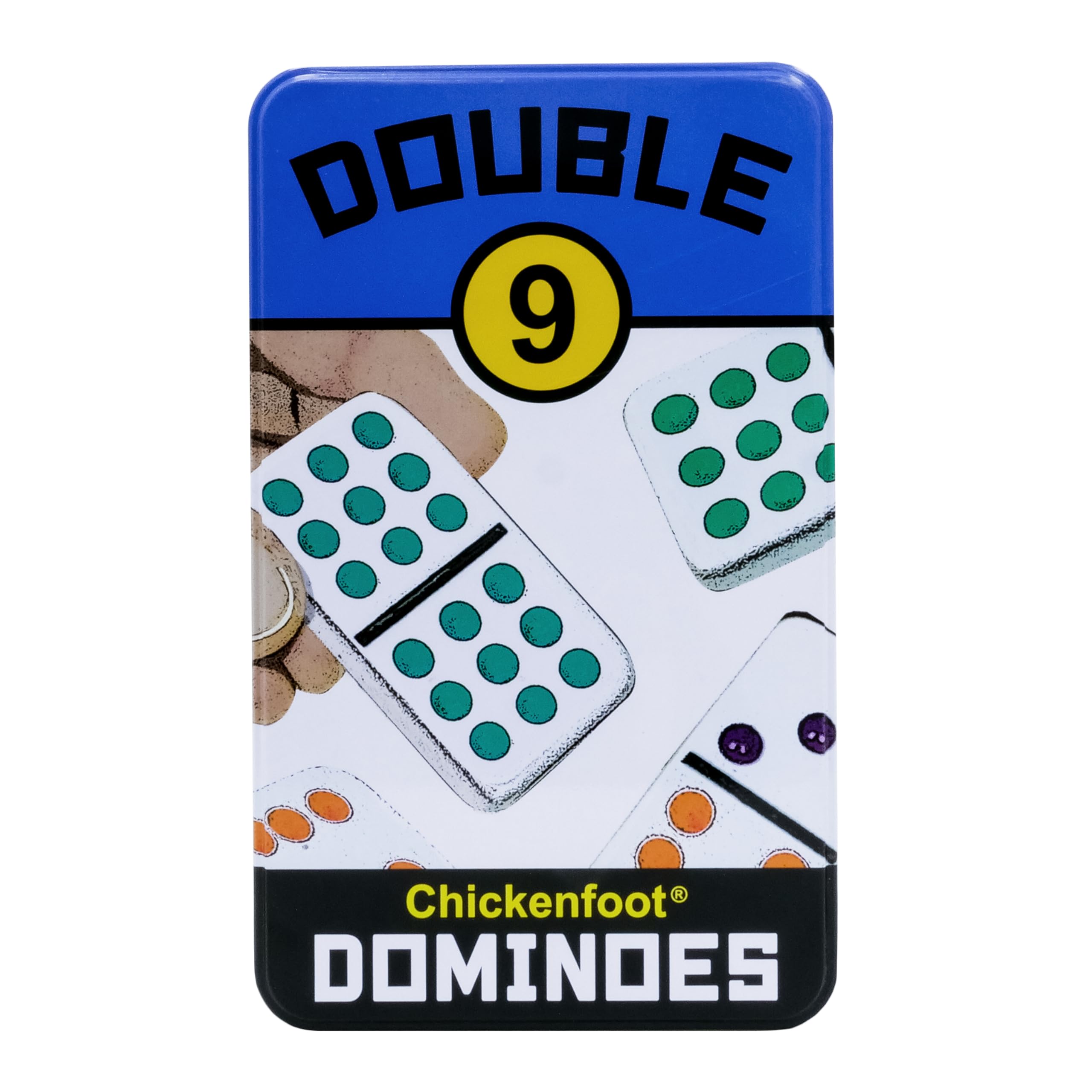 Front Porch Classics, Double 9 Colored Dot Dominoes Travel Tin Set, 2 to 8 Players Ages 8 to 99