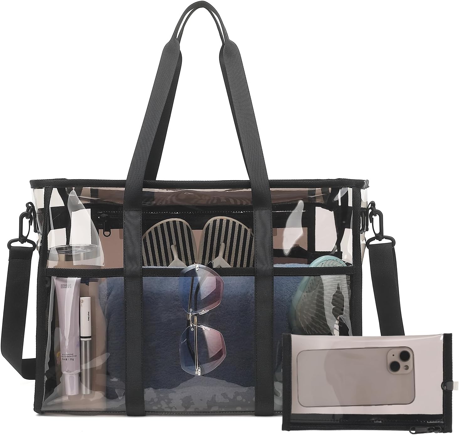 Women's Clear Beach Bag, 17" Large Clear Tote Bags with Phone Pouch and Strap, Heavy Duty Waterproof for Cruise, Pool
