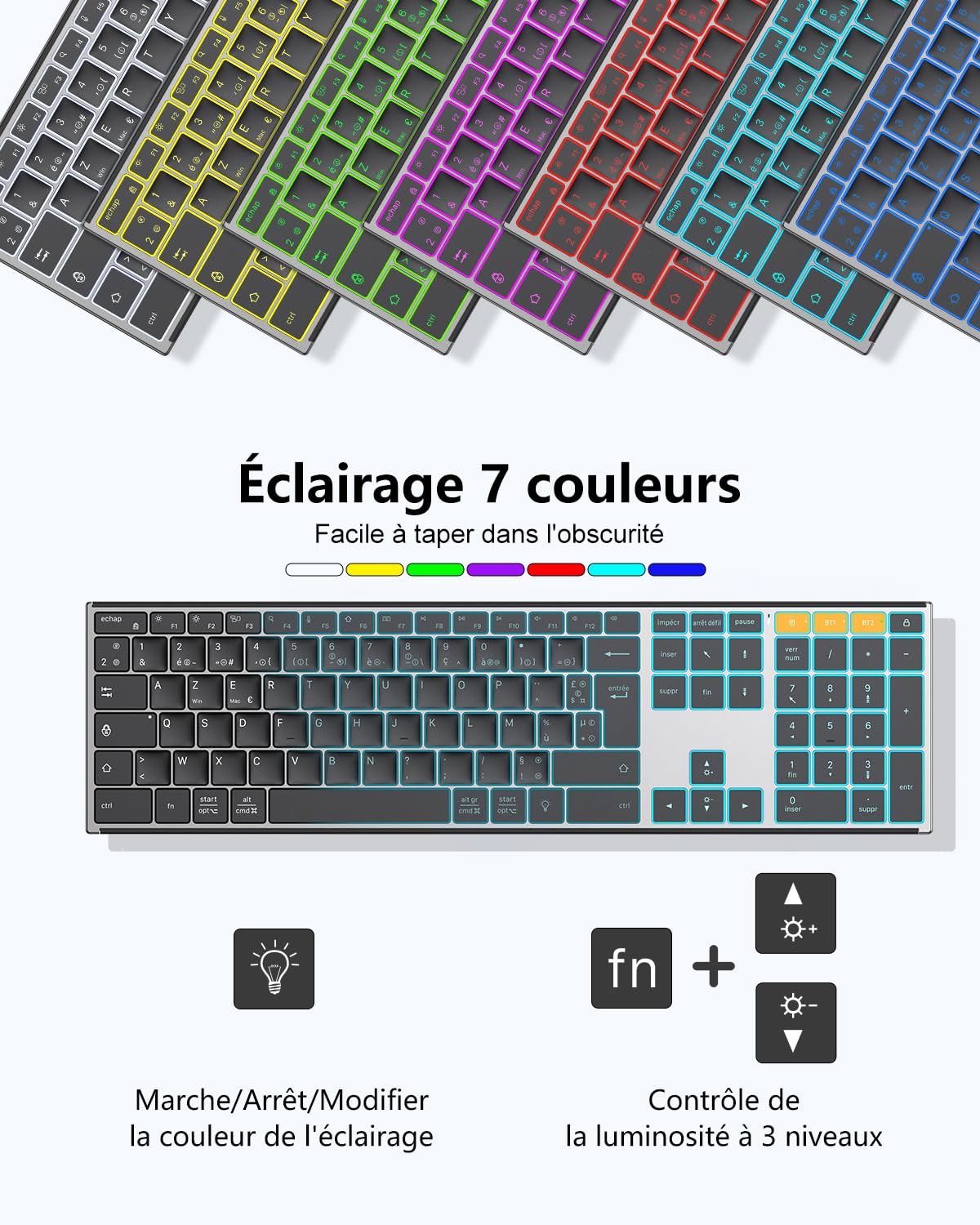 OMOTON Clavier sans Fil Métal, Bluetooth 2.4G Rétroéclairé Clavier, Rechargeable avec 2 Canaux Keyboard à Ciseaux AZERTY Français Ergonomique Silencieux pour PC/Mac/Windows (Noir)