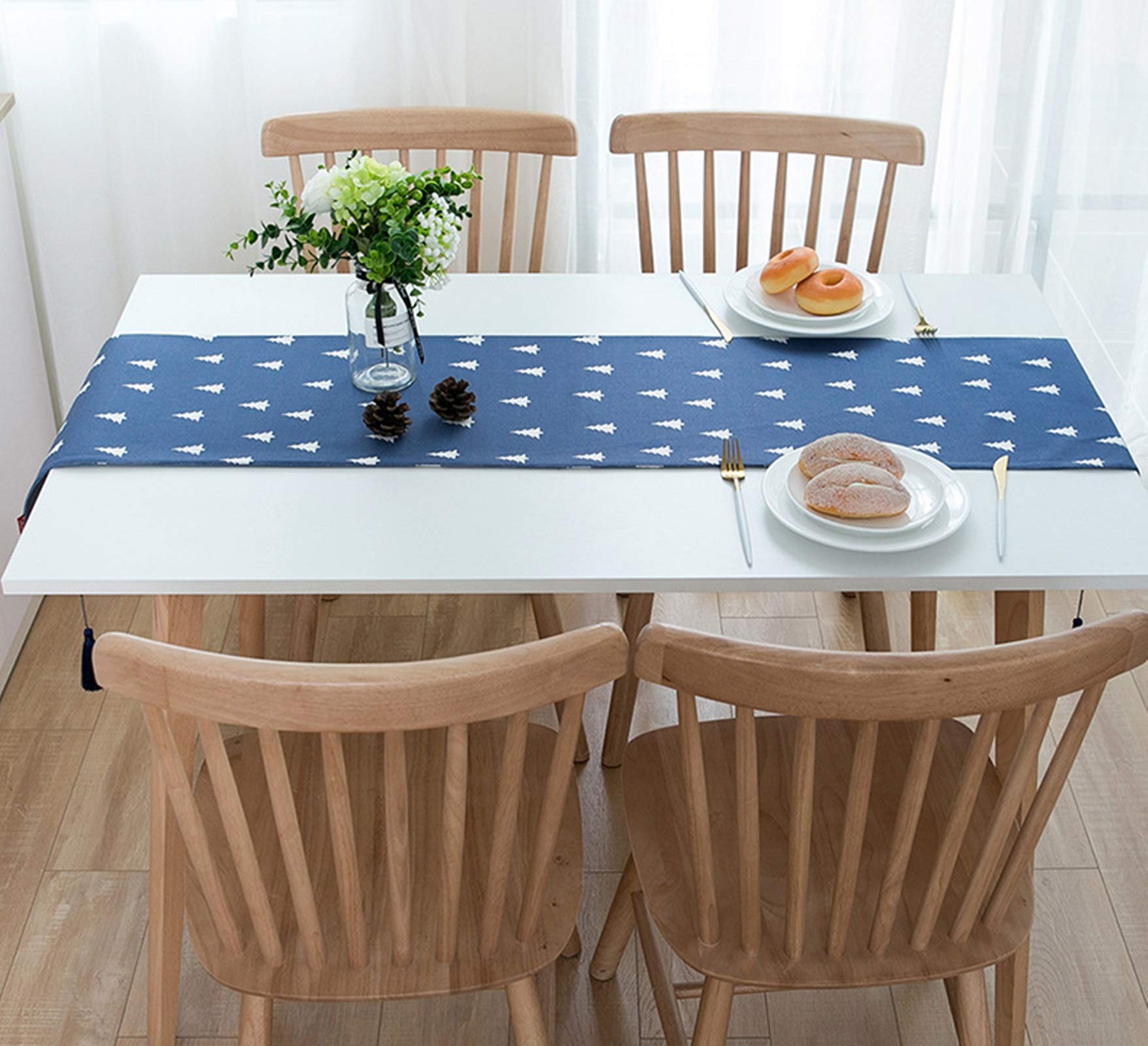 Tischwäsche Herbst, Blauer weißer Wald e Tischdecken nordisch Tischläufer Polyester 33x250CM