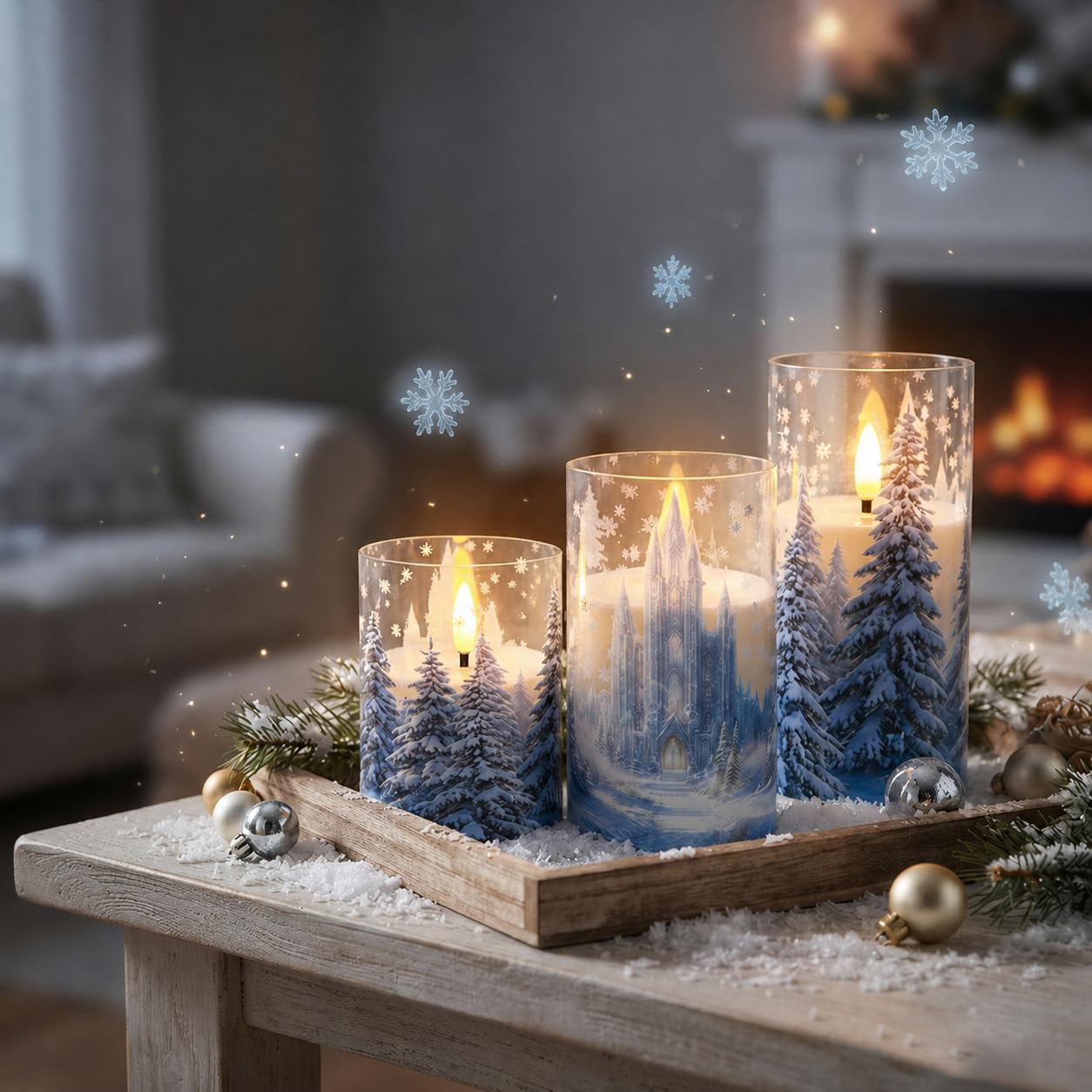 Flameless Candles Light, Set of 3 Flickering LED Candle with Remote & Timer, Dimmable Electric Candles Battery Operated, Star String Candle for Home Wedding Party Holiday Decor (Blue Castle)