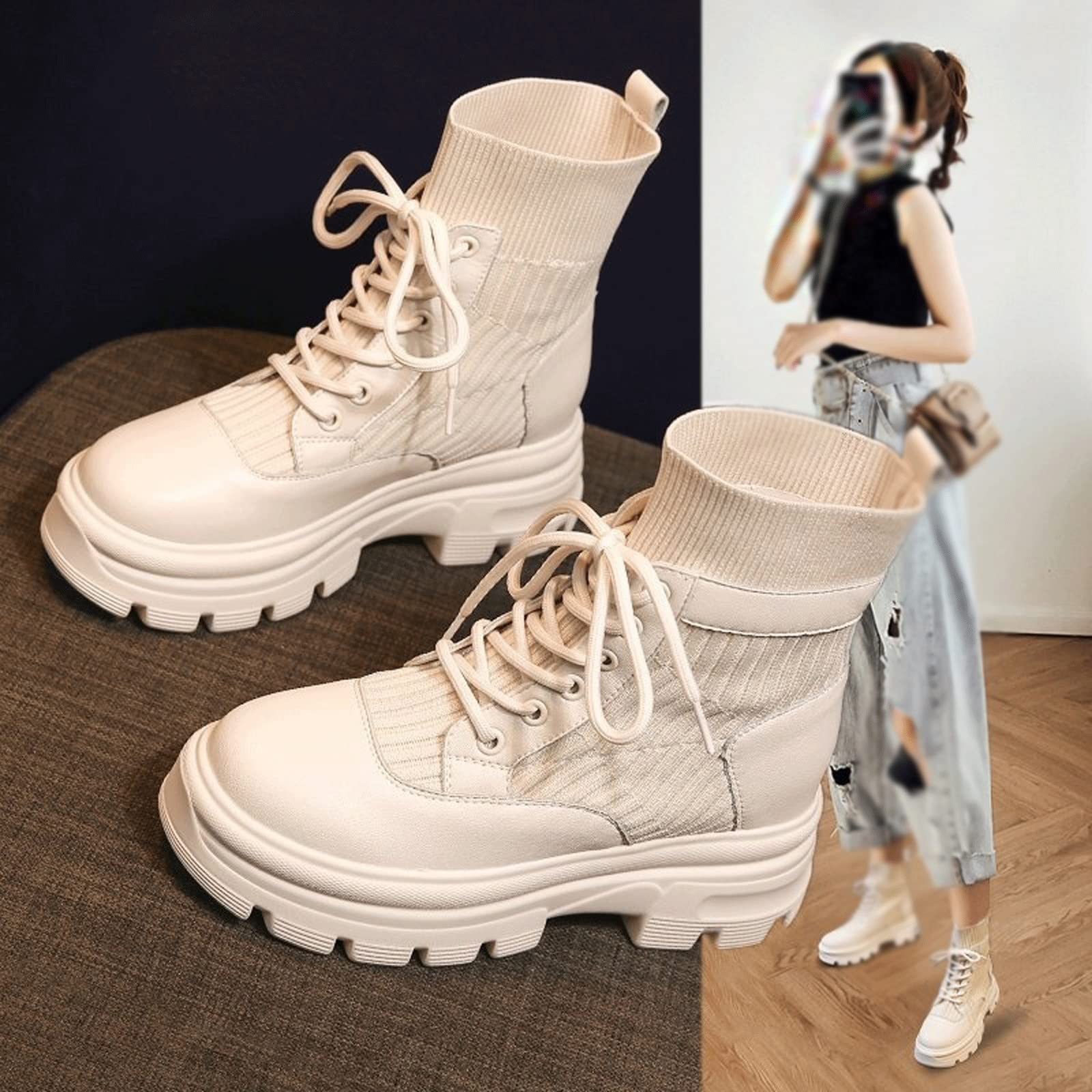 Damskie buty damskie buty wojskowe platforma antypoślizgowe damskie buty motocyklowe sznurowane czarne skarpety damskie botki wodoodporne moda jesień zima