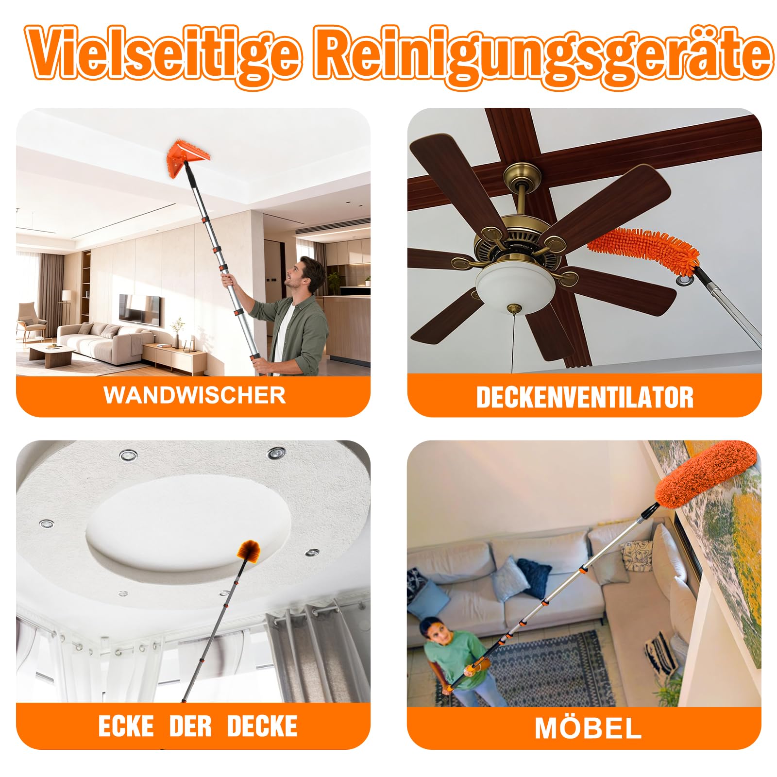 LAANPOLE 7,2m Staubwedel Teleskop, 6 Stück Spinnwebenbesen mit Teleskopstiel, Profi Fensterputzer Set und Fliesenwischer, Waschbar Staubwedel Lang Ausziehbar für Decken, Lücken, Deckenventilatoren