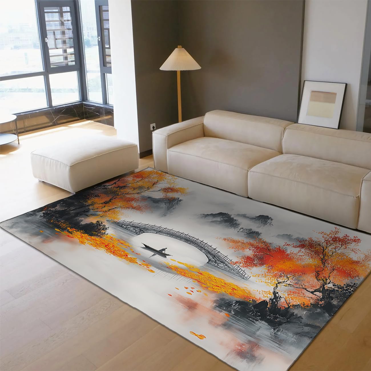 Tapis encre de Chine paysage d'automne pour salon et bibliothèque
