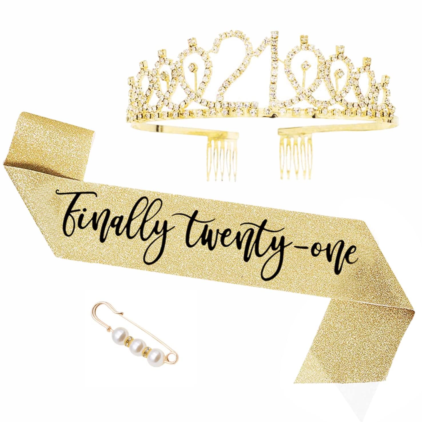 21st Birthday Sash and Tiara Set, Finally Twenty-One Years Old Birthday Rhinestone Tiara Crowns for Women Girls Party Supplies (Silver)