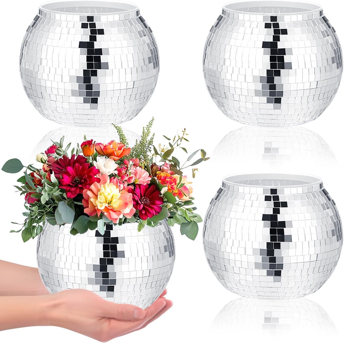 4 Pcs Disco Ball Vases,Plastic Disco Ball Centerpieces 4" X 4.7" Disco Ball Decor Silver Mirror Disco Ball Planter Can Be Used for Wedding Centerpieces,Birthday,Office