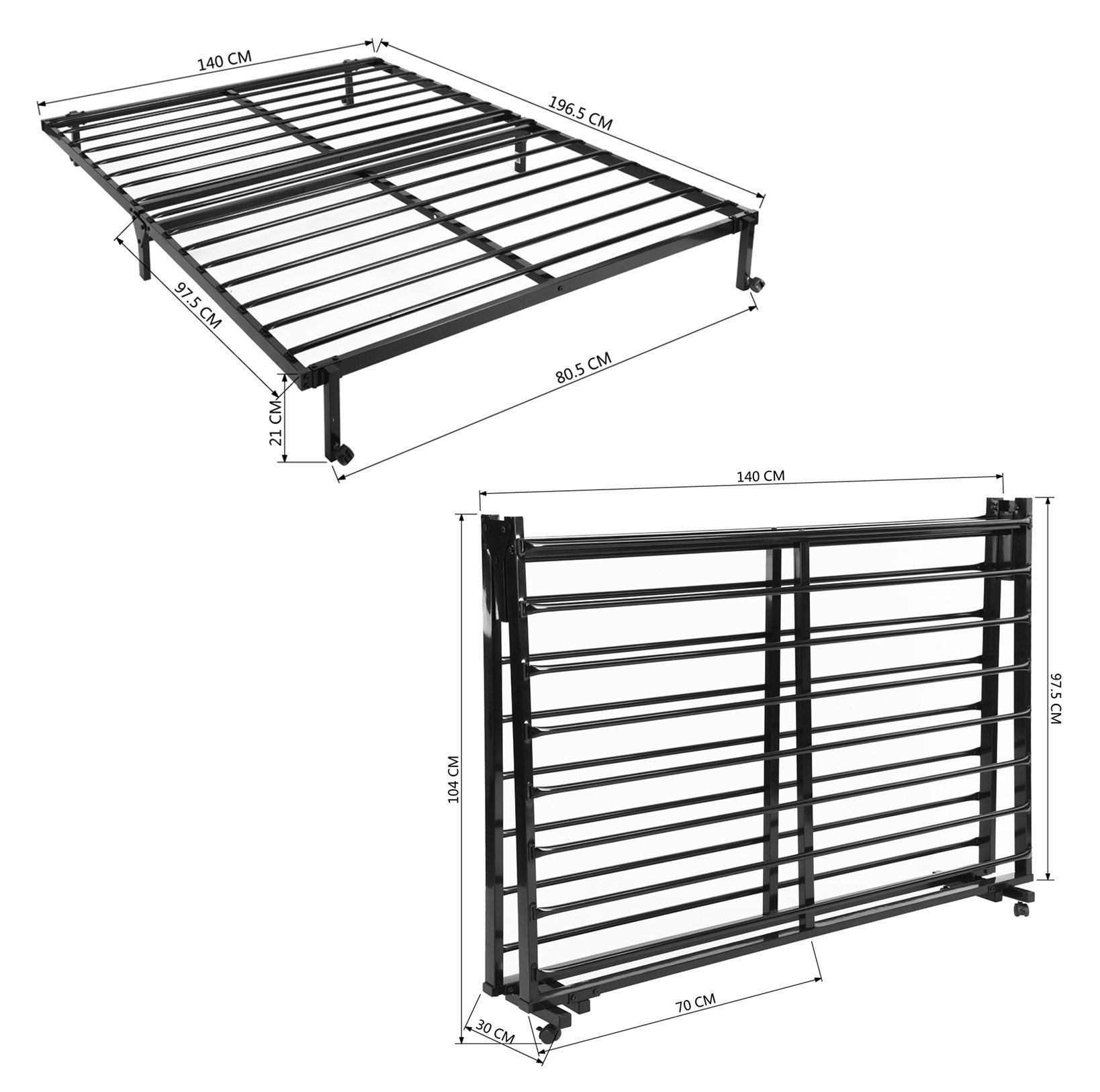 EGGREE 4FT6 Double Folding Bed Frame Metal Bed Base with Lockable Wheel