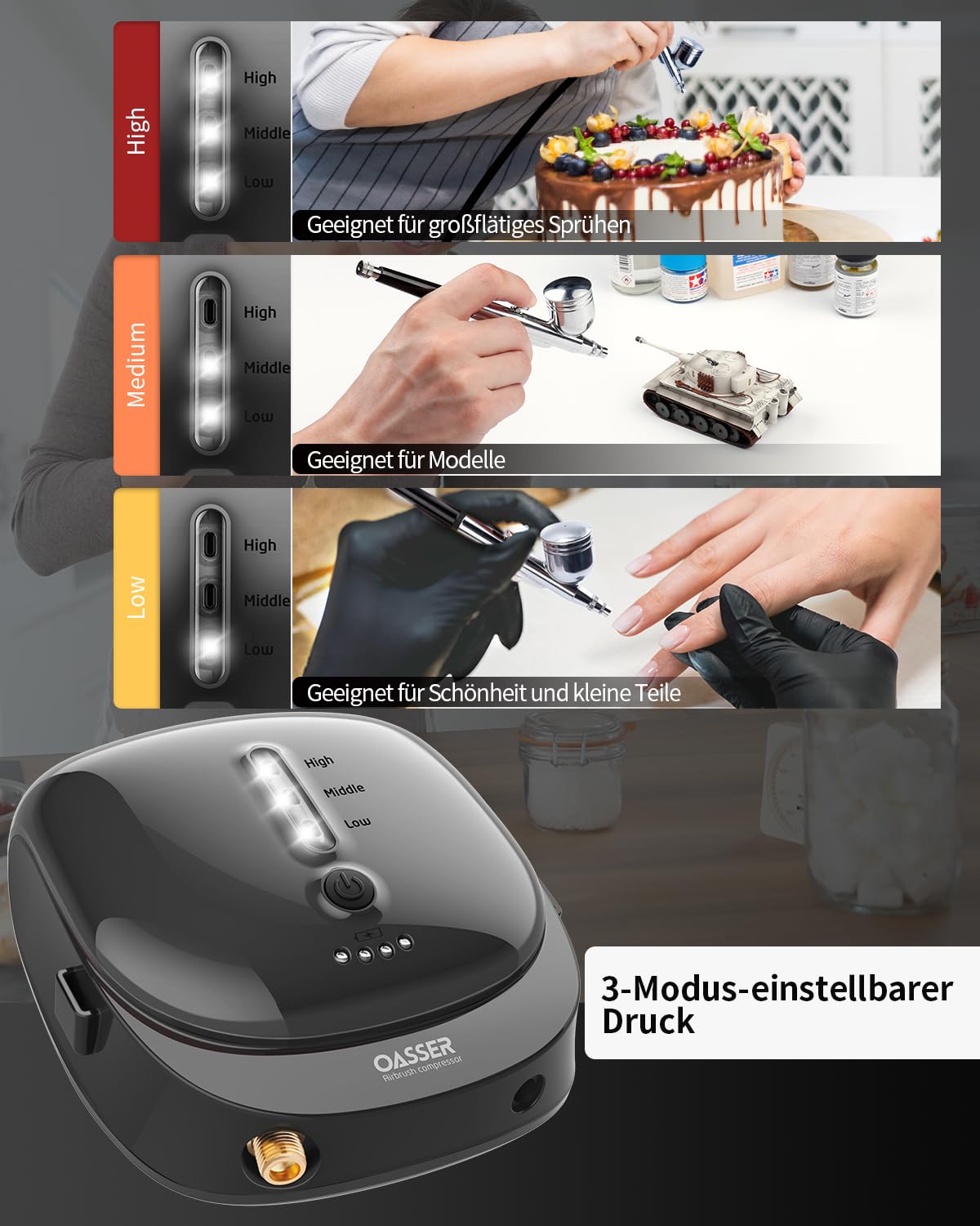 Oasser Airbrush Set Kompressor Dual Action 3 Modi 1000mAh Akku 0,3mm Düse 7CC Tasse Schwarz