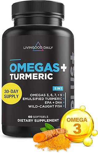 Livingood Daily Omegas + cúrcuma, 60 cápsulas blandas - (EPA y DHA) aceite de pescado omega 3-6-7-9 Plus curcumina de cúrcuma - La mejor combinación