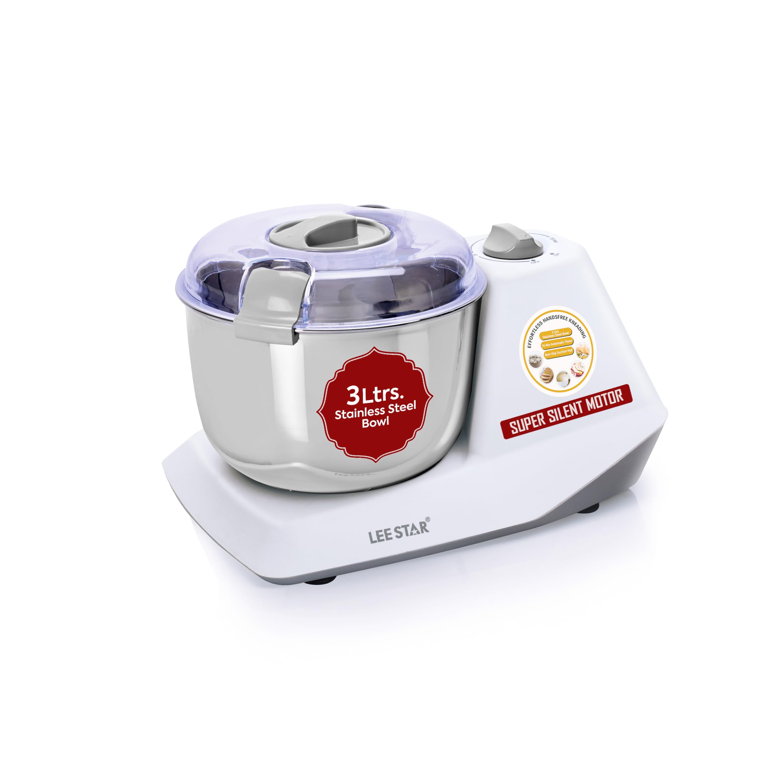 Lee Star Automatic Electric Atta Kneader, Dough Mixer Machine, Atta Kneader Machine with 3L Stainless Steel Bowl, 650W - White (LE-837)