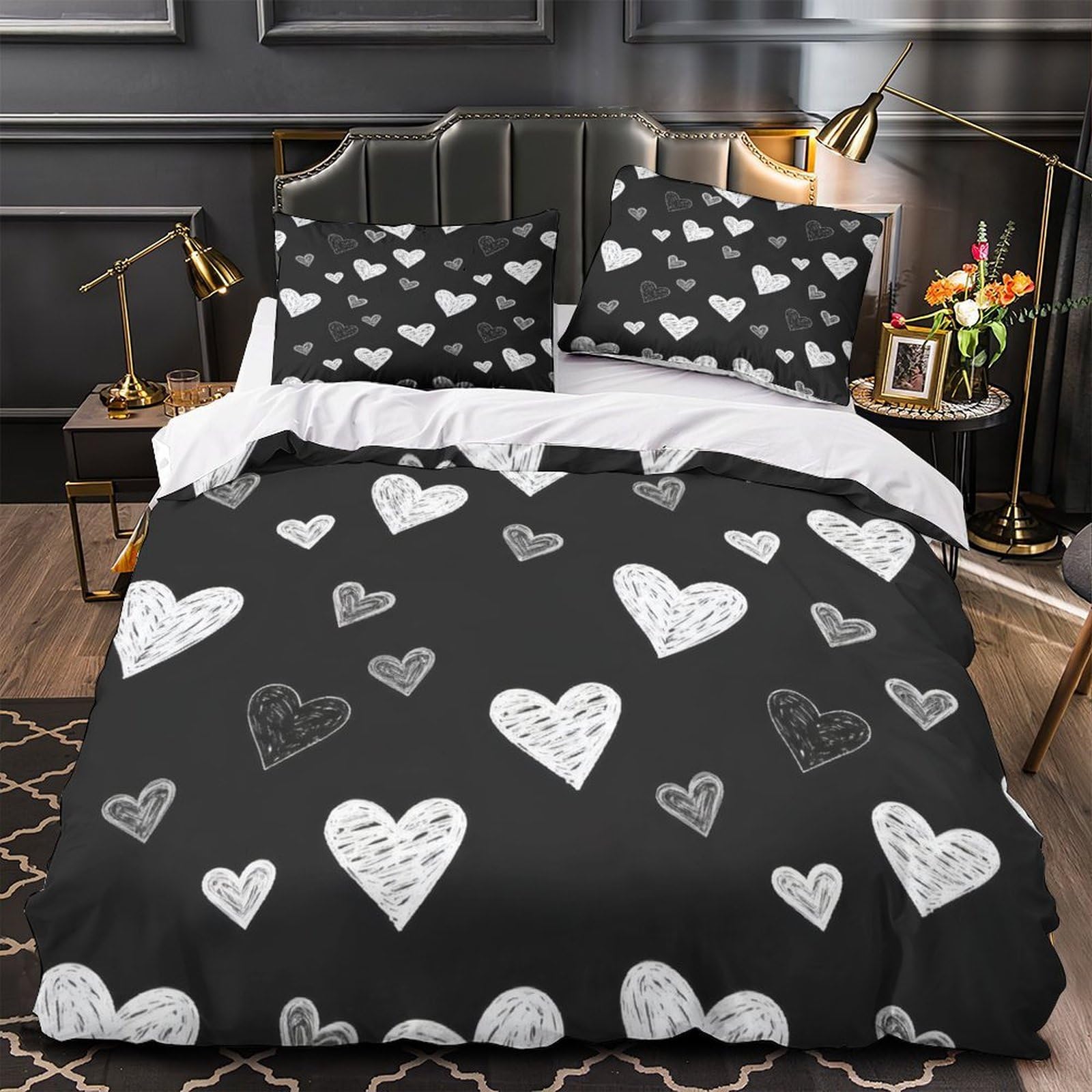 MMDASBVPE Heart Doodle Pattern Comforter Cover 3D Design Printed Breathable 3 Pcs Bedding Set Zipper Duvet Cover Super Soft Hypoallergenic for Kids Girls Boys Adults Women Teens Double（200x200cm）