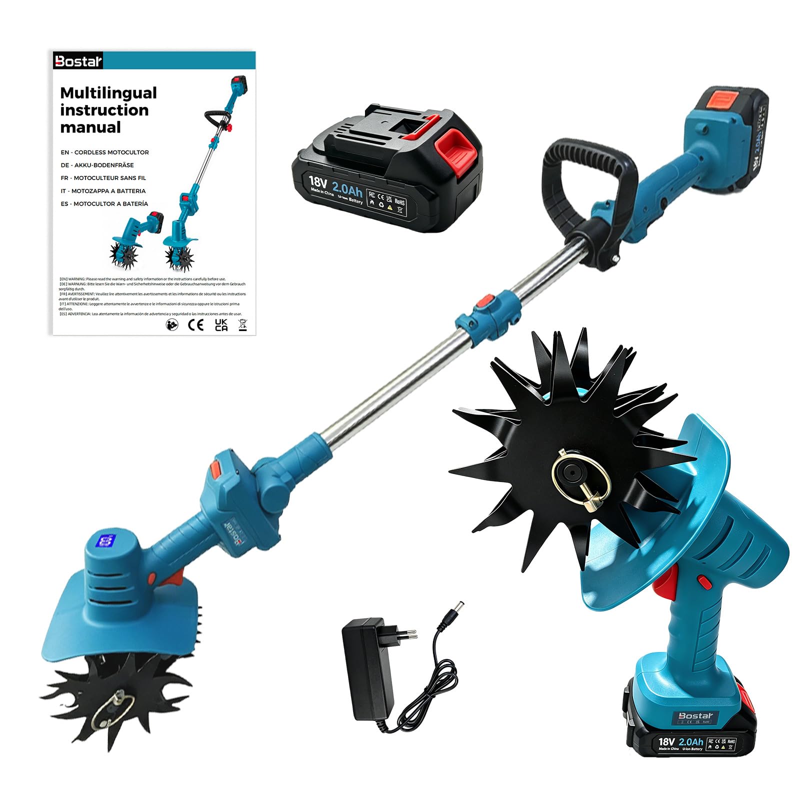 Bostar Motobineuse Électrique, Compatible avec Makita 18V Batterie Motocultor sans Fil, Bineuse Rotative 1,78kg avec Écran Numérique, 4 Lames Ø160mm, Profondeur 17cm, avec 2 Batteries 2000mAh