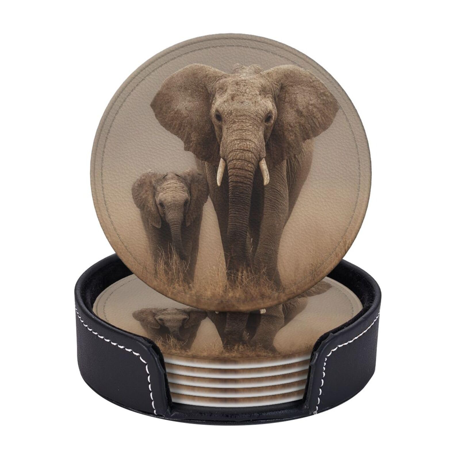 Drink Coasters 6Pcs Round Leather Coaster with Holder Walking elephants Coasters for Drinks Coffee Cup Mat Heat Resistant Coaster for Tabletop Protection Desk Accessories Office Home Decor