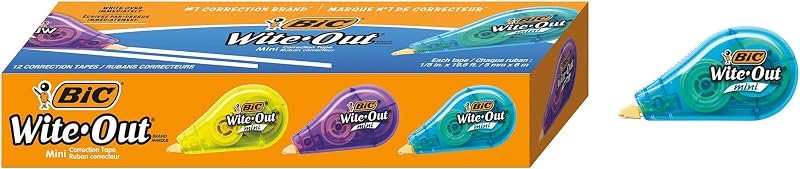 Mini cinta correctora Wite-Out, blanca, paquete de 12 unidades, sin tiempo de secado | Sin tiempo de secado para uso instantáneo, diseño de larga duración, 12 cintas correctoras, cobertura de 19,6 pies, los colores pueden variar