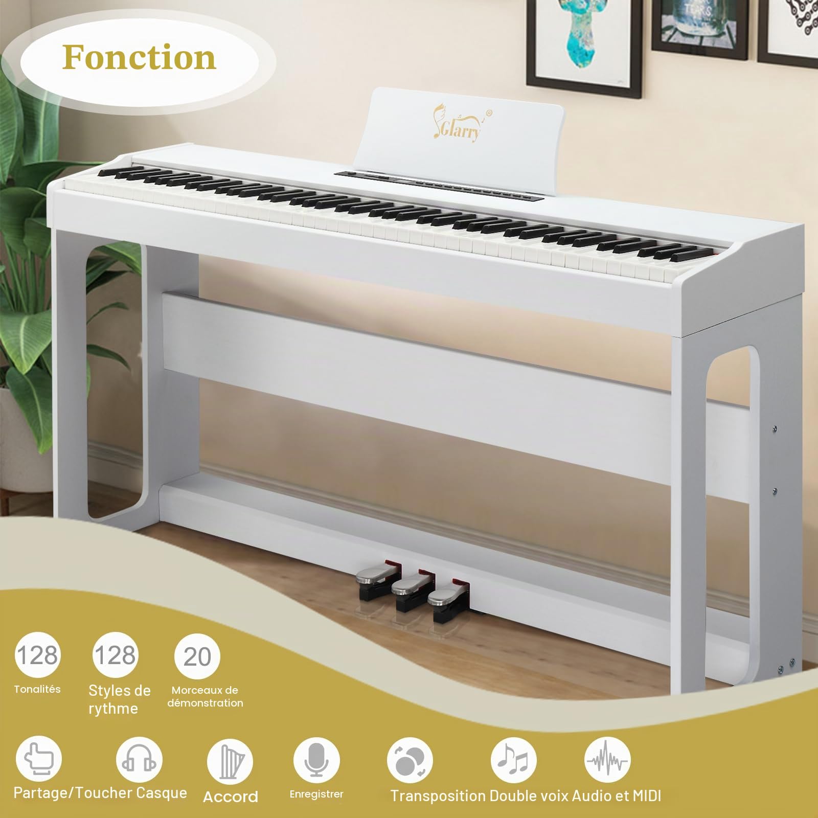 Glarry Piano numérique 88 touches lestées avec casque, marteau complet lesté, clavier électrique lourd, clavier piano avec unité à 3 pédales, double Bluetooth (blanc)