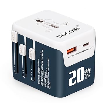 Docoss Fast Charging Universal Travel Adapter International All-in-One Adapter with Type C,QC 3.0,W/3.1A Universal Adapter for UK,US,EU-Universal Plug Power Adapter(Blue-White)