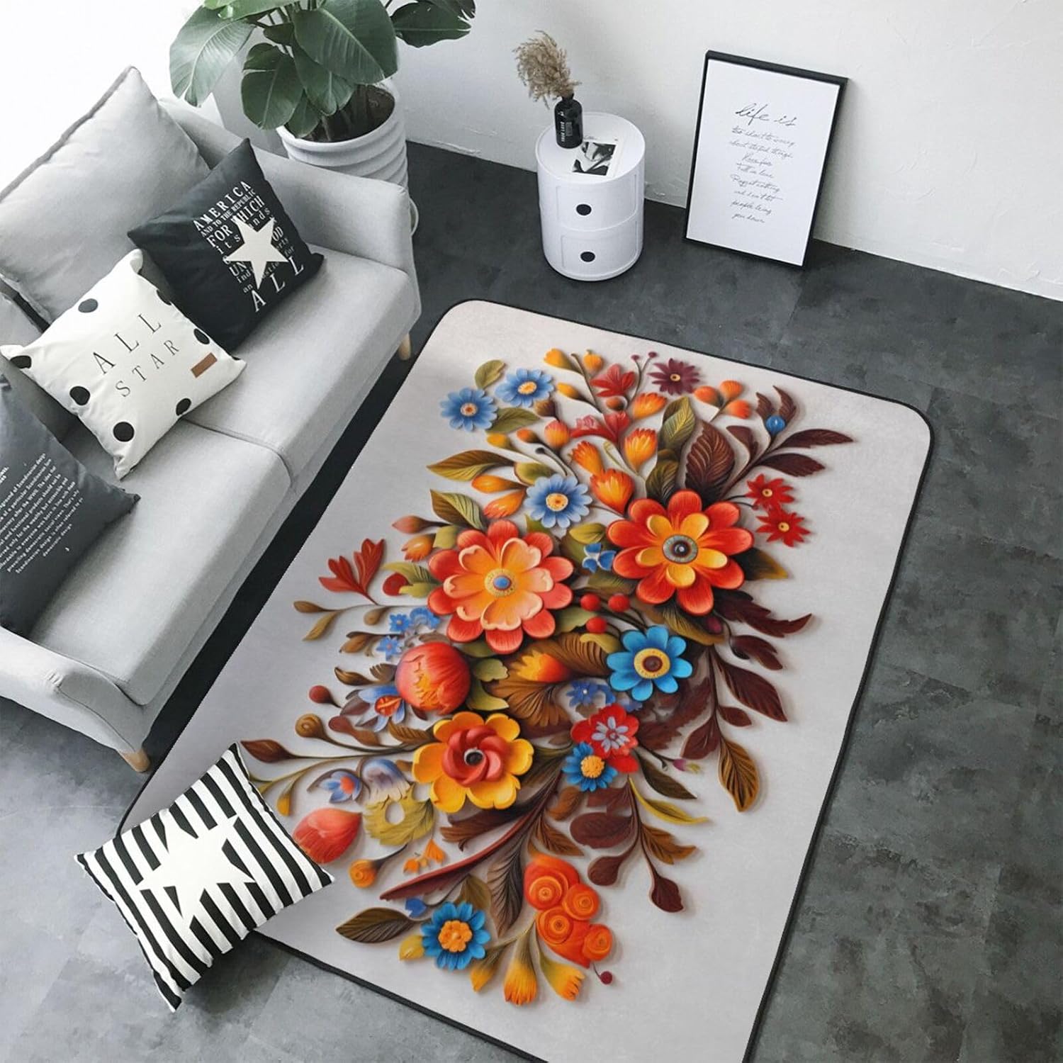 Floral Decoration Patterns Printed Floor mat 80x58 inches, Non-Slip Decorative Carpet for Bedroom and Living Room