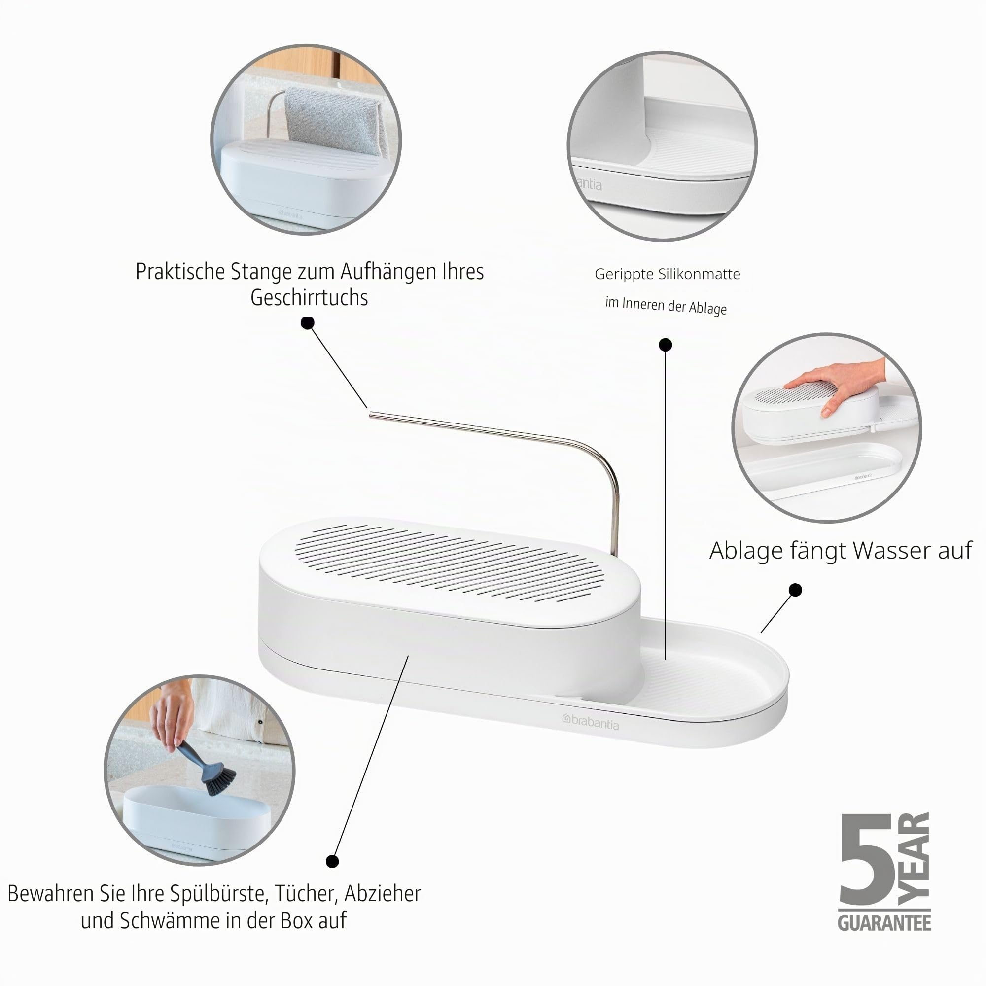 Brabantia - SinkStyle Spül-Organizer mit kompaktem Design für Schwämme und Spülbürste - Belüftungsschlitze für Luftzirkulation, rutschfeste Abtropfschale mit Silikoneinlage - Mineral Fresh Weiß