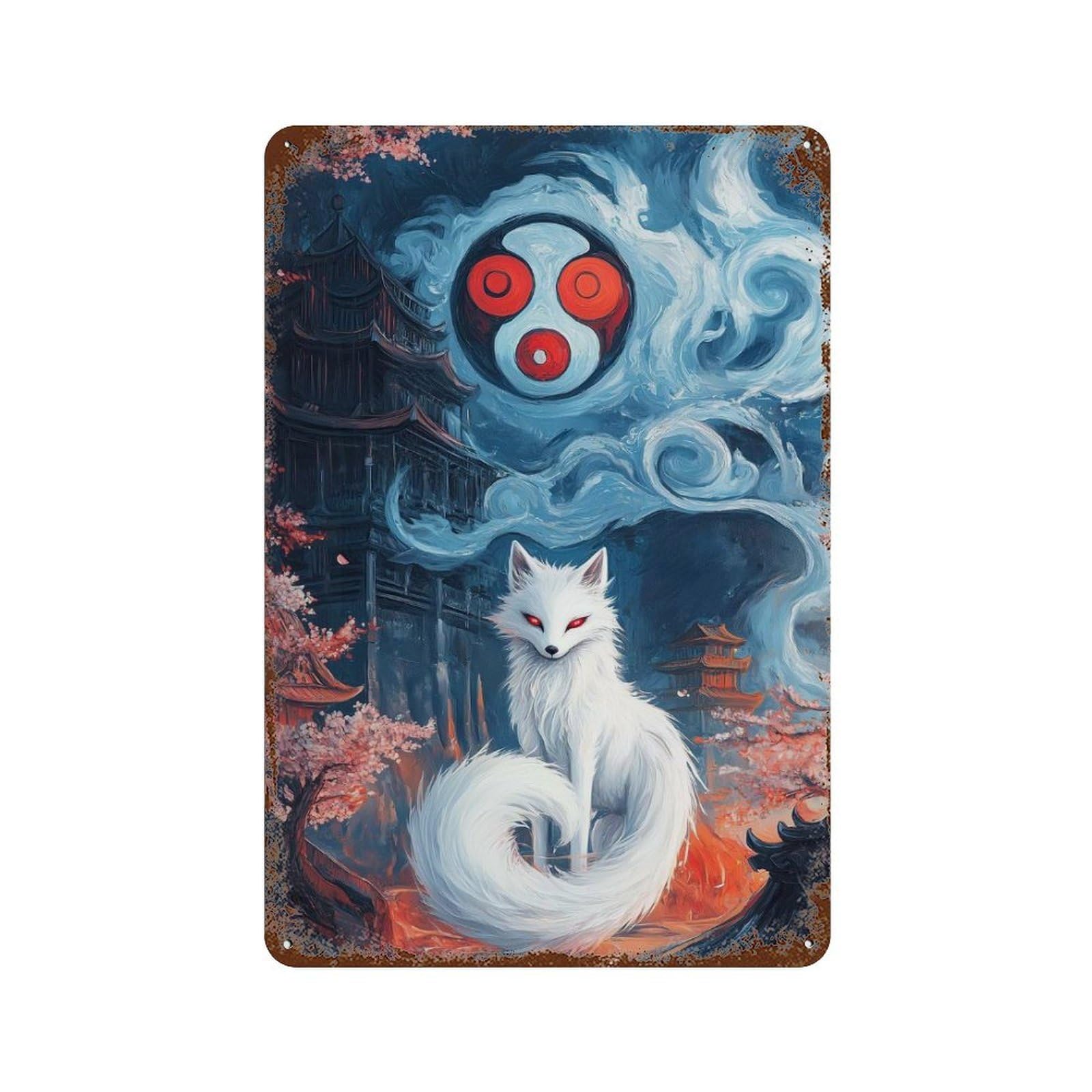 Rusty Metal Tin Sign with Fox in Japanese Temple Design 11.8"x7.9", for Farmhouse, Kitchen And Entryway Decor, Classic Wall Plaque