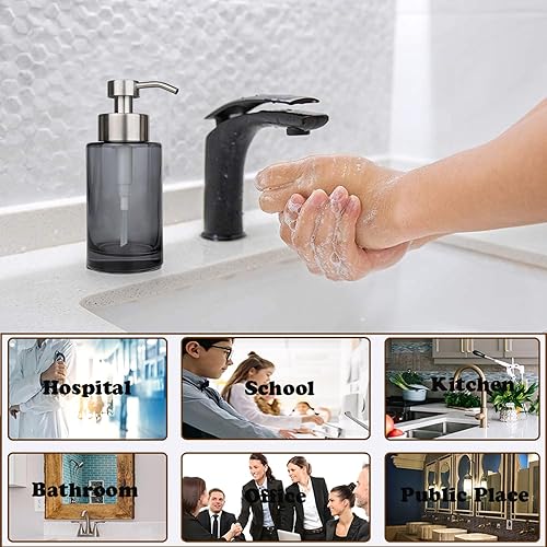 Miniatura 6 de Dispensador de jabón de vidrio, paquete de 2, dispensador de jabón líquido de mano gris de vidrio grueso de 12 onzas para baño