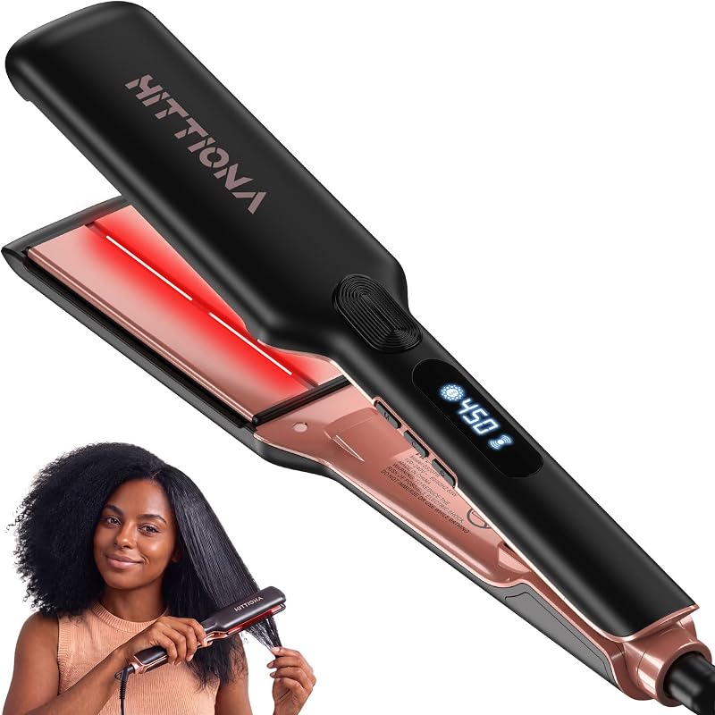 Plancha de pelo de cerámica con placa ancha de 1,75 pulgadas para mujeres, cabello grueso | Plancha de pelo iónica infrarroja y vibración sónica, peinado antiencrespamiento, calentamiento rápido 5 s, prensa de seda en casa para cabello largo