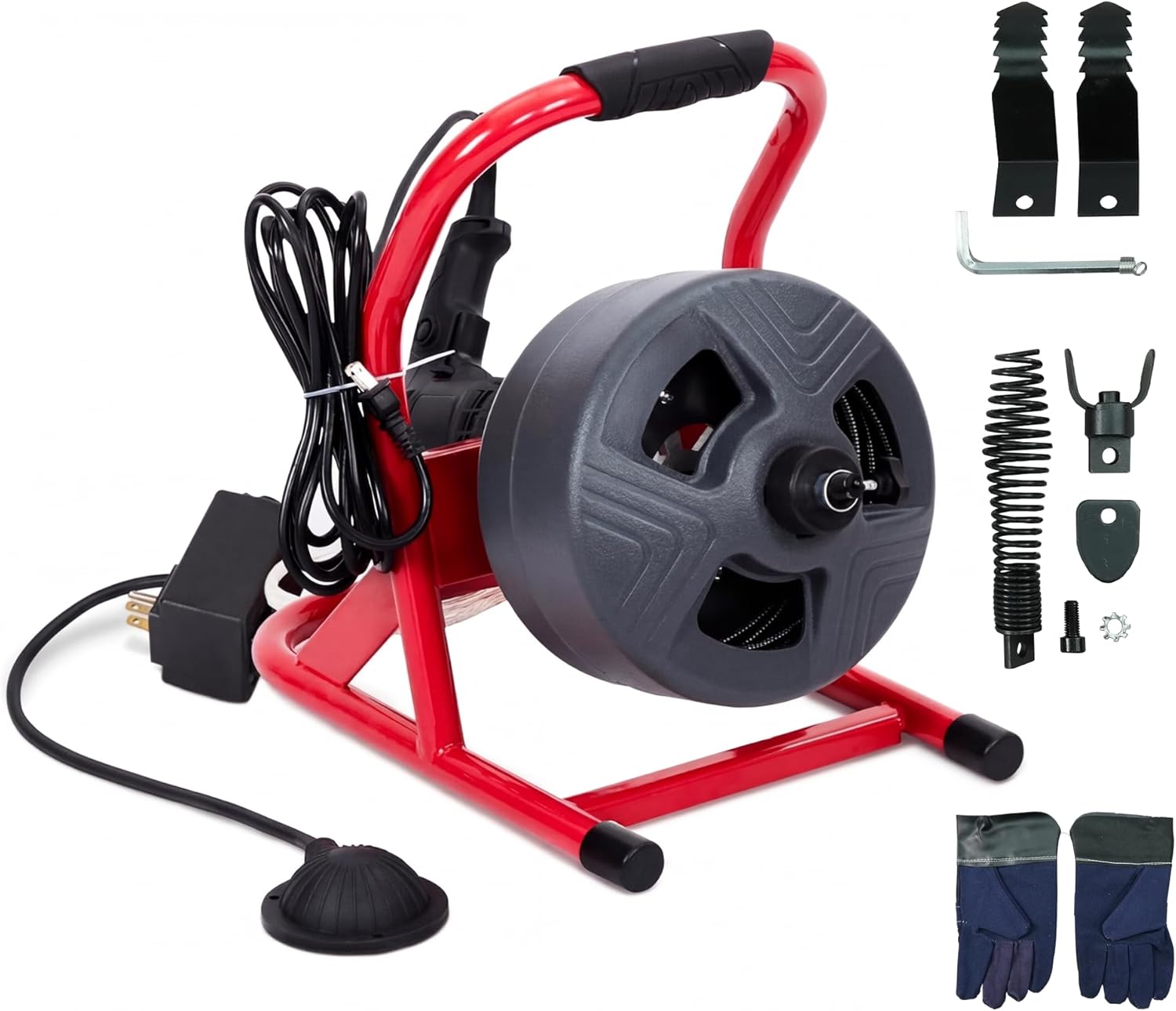 50FT x 5/16 Inch Drain Cleaner Machine, Electric Drain Auger for 3/4"-3" Pipes, Enclosed Plastic Drum with 4 Cutters & Pneumatic Foot Switch, Sewer Snake Auger