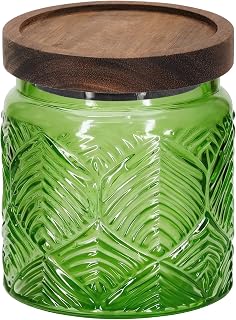 1Pc 17oz Feather Leaf Pattern Style Vintage Glass Candy Jar with Solid Wood Lid, Kitchen Storage Canister for Sugar, Coffee, Cookies, Bath Salt - Decorative Mason Jar for(1, Green, 17oz)