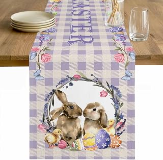 Easter Bunny Table Runners 72 Inches Long, Coffee Table Runner, Spring Easter Eggs Chick Floral Purple Check Farmhouse Tablerunners Decorative Dress Scarves for Kitchen Island/Dining Table 13"x72"