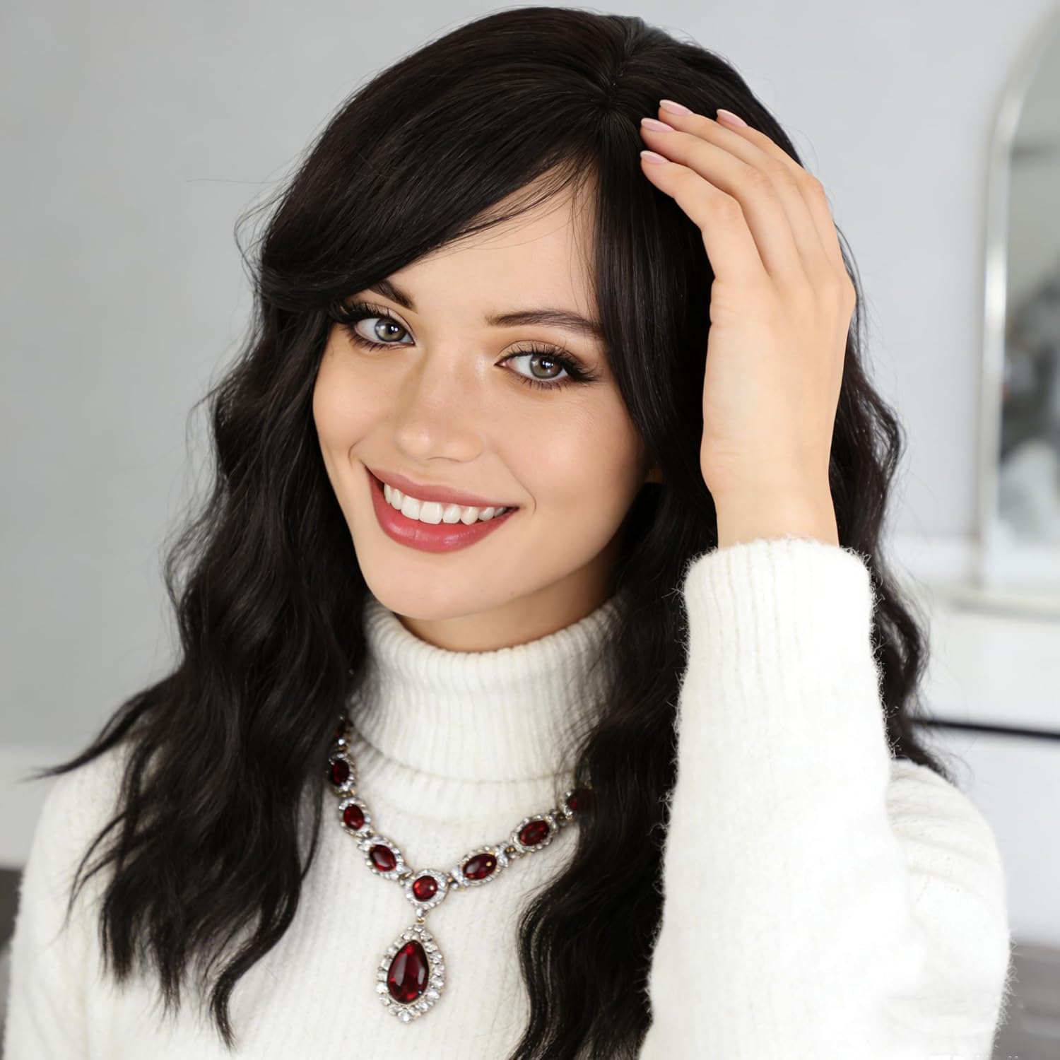 Fencca Black Curly Wig for Women with Bangs 18Inch Medium Length wave Wig Glueless Synthetic Heat Resistant wigs for Daily Party Use