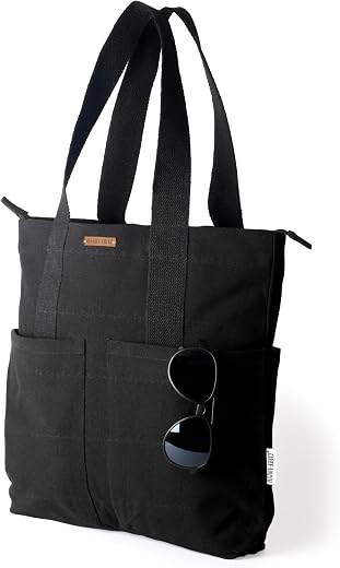 Harry Kritz Women Black 100% Cotton Premium 5 Pocket Tote Bag With Zipper For College & Daily Use