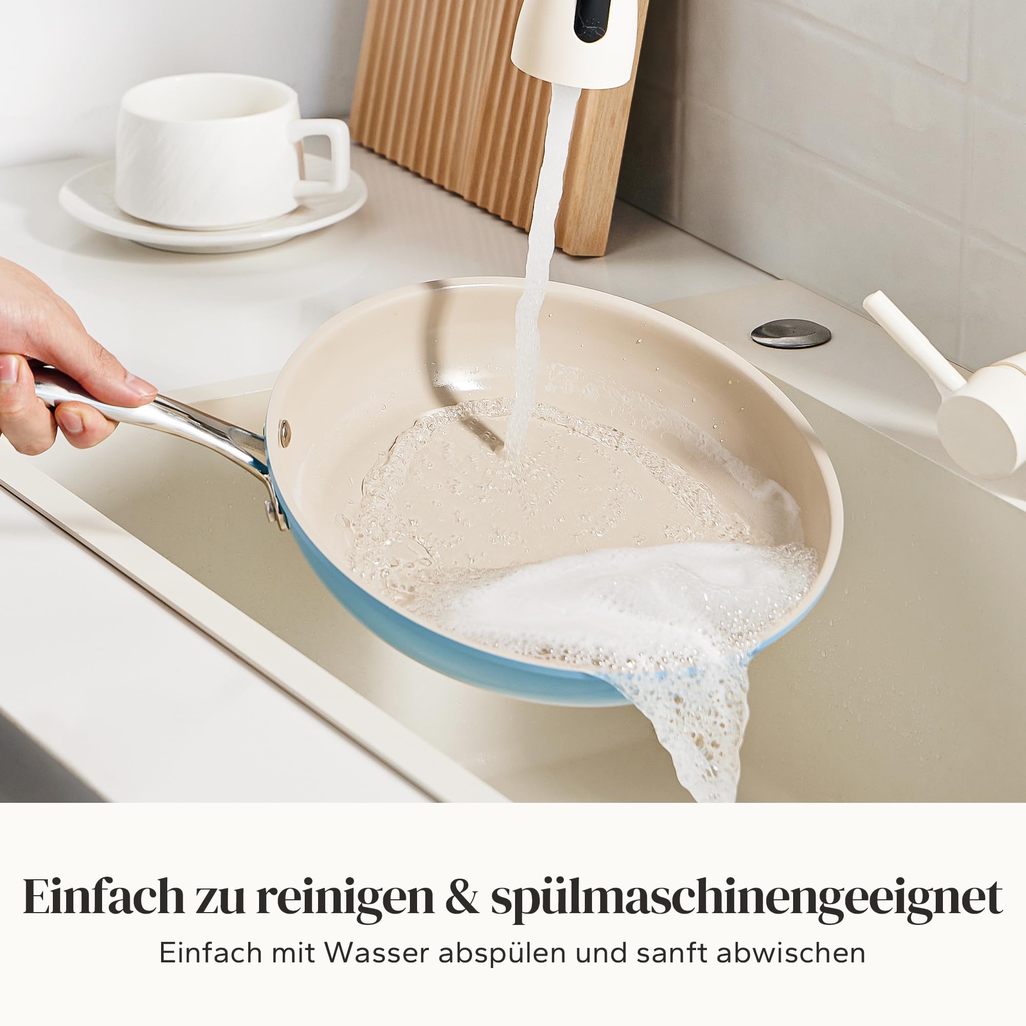 Redchef Pfanne Induktion 24cm, Antihaft Beschichtung Keramikbeschichtung Bratpfannen mit Edelstahlgriff, PTFE-frei PFOA-frei PFAS-frei, Backofenfest, Spülmaschinenfest, Blau