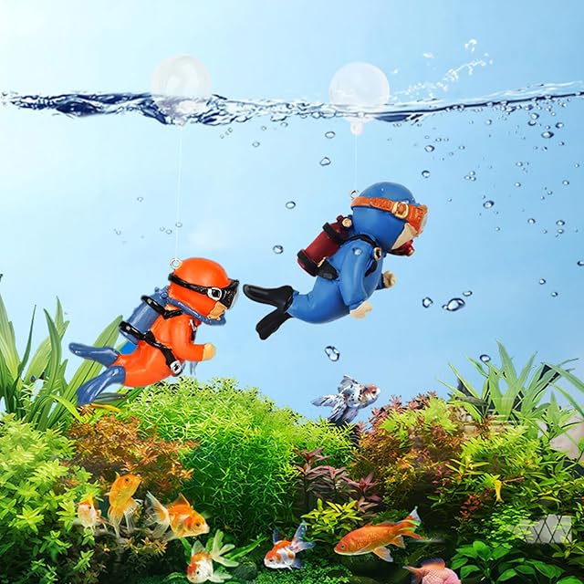 Foto 6 de 6 de MEMOFYND 2 adornos de buceo para acuario, decoración de buzo (azul, naranja)
