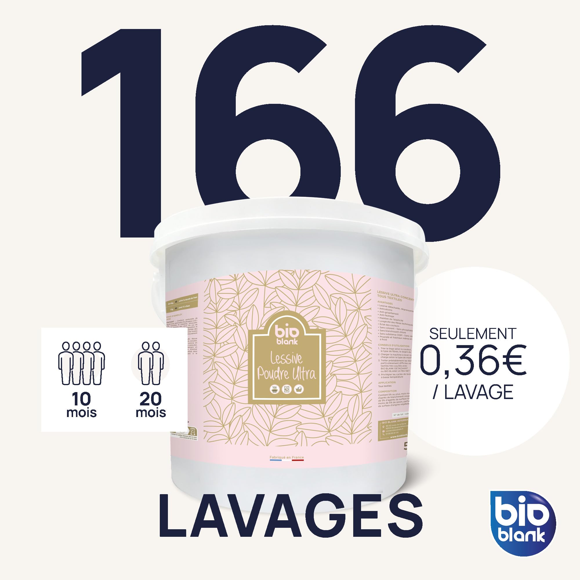 Lessive Poudre Professionnelle Ultra Concentrée 166 Lavages 5kg | Anti-Taches & Dégraissant, Efficace à Froid, Pour un Linge Blanc et des Couleurs Éclatantes, Fabriqué en France