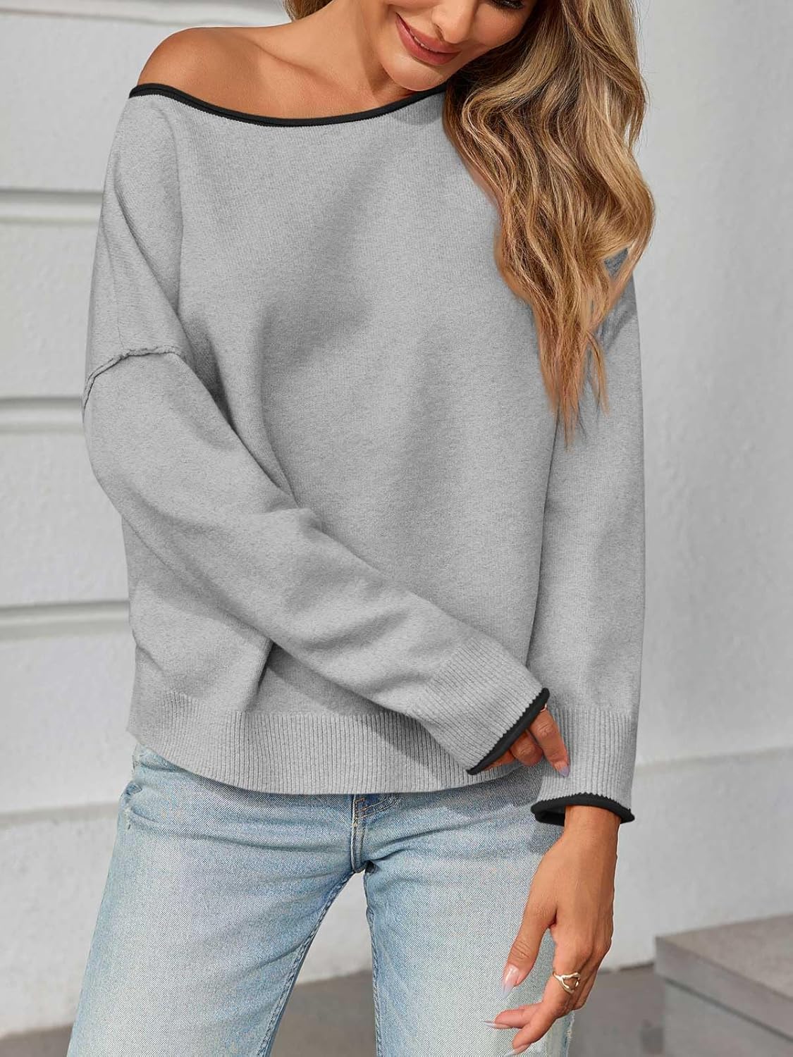 Saodimallsu Womens Off The Shoulder Sweater Oversized Long Sleeve Knit Sweaters 2025 Casual Color Block Trendy Jumper Tops - Image 4