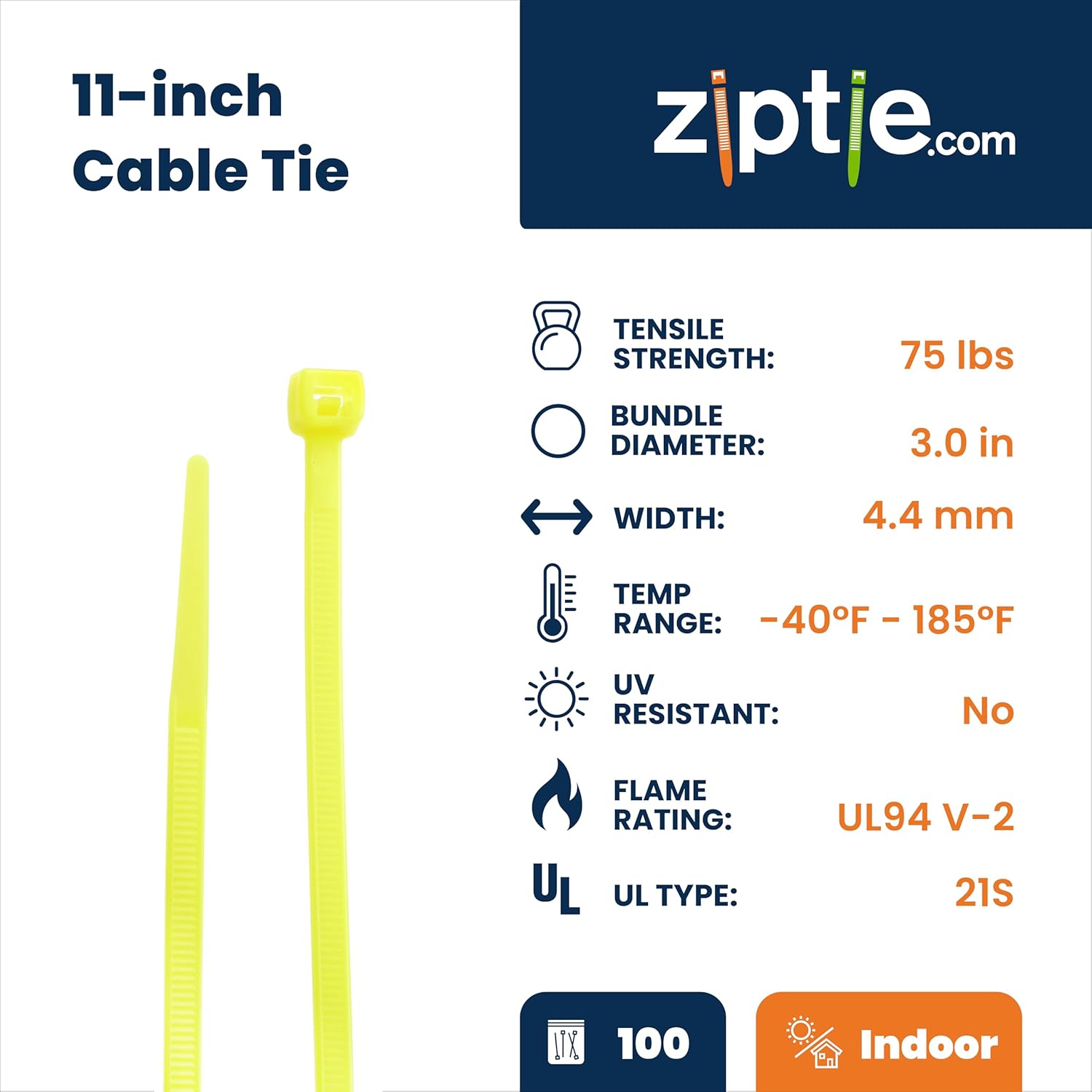ZipTie.com 11-Inch Fluorescent Yellow Nylon Multi-Purpose Zip Ties - 75-lb Tensile Strength Cord Management - UL 21S Listed Tie Wraps - Indoor Multi-Purpose (100-Pack)