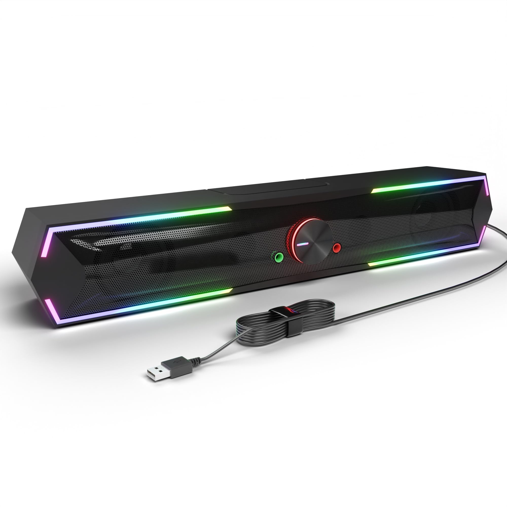 Bluetooth Computer Speakers with Adjustable RGB Lighting - Enhanced Bass, Stereo Sound, and Volume Control, USB Powered Soundbar for PC, Laptop, Desktop, Gaming, and Multimedia Devices