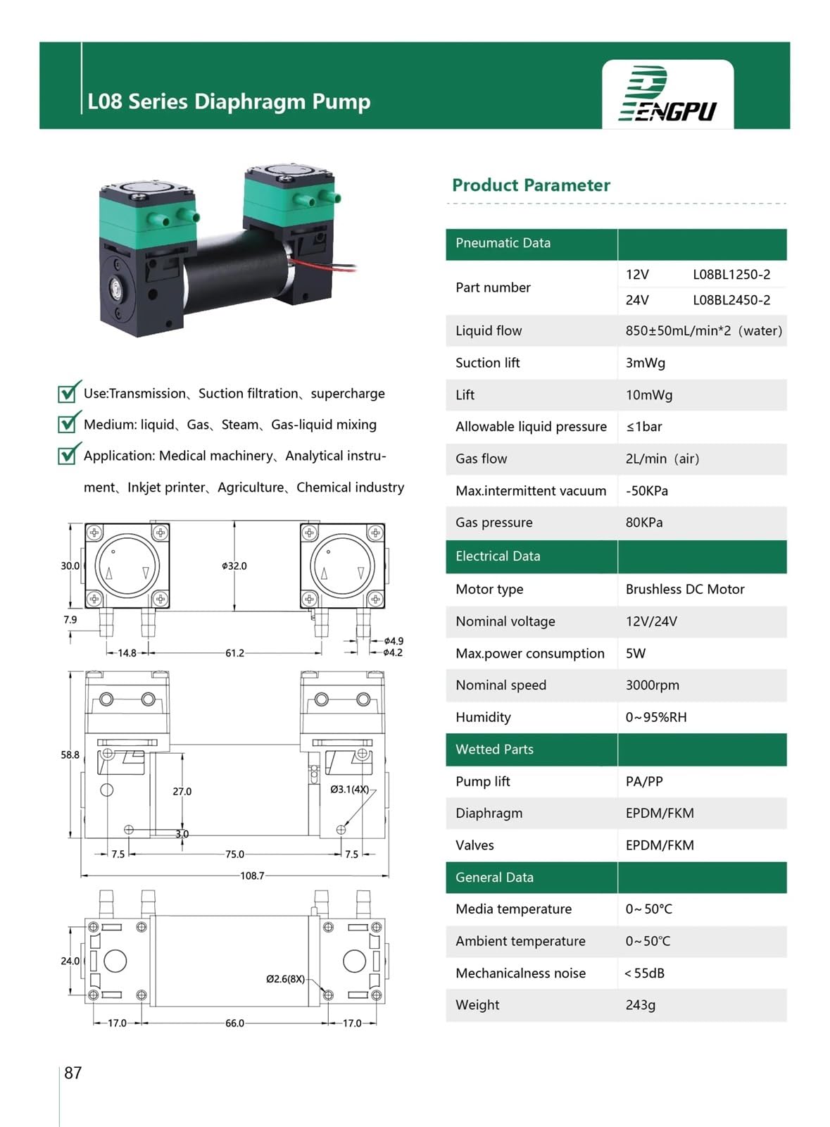 L08BL1250-2 1,7 L/min Flüssigkeitsdurchfluss 4 L/min Gasdurchfluss Flüssiggas Universalpumpe DC Bürstenlose Doppelkopf-Membran-Vakuumpumpe 1St