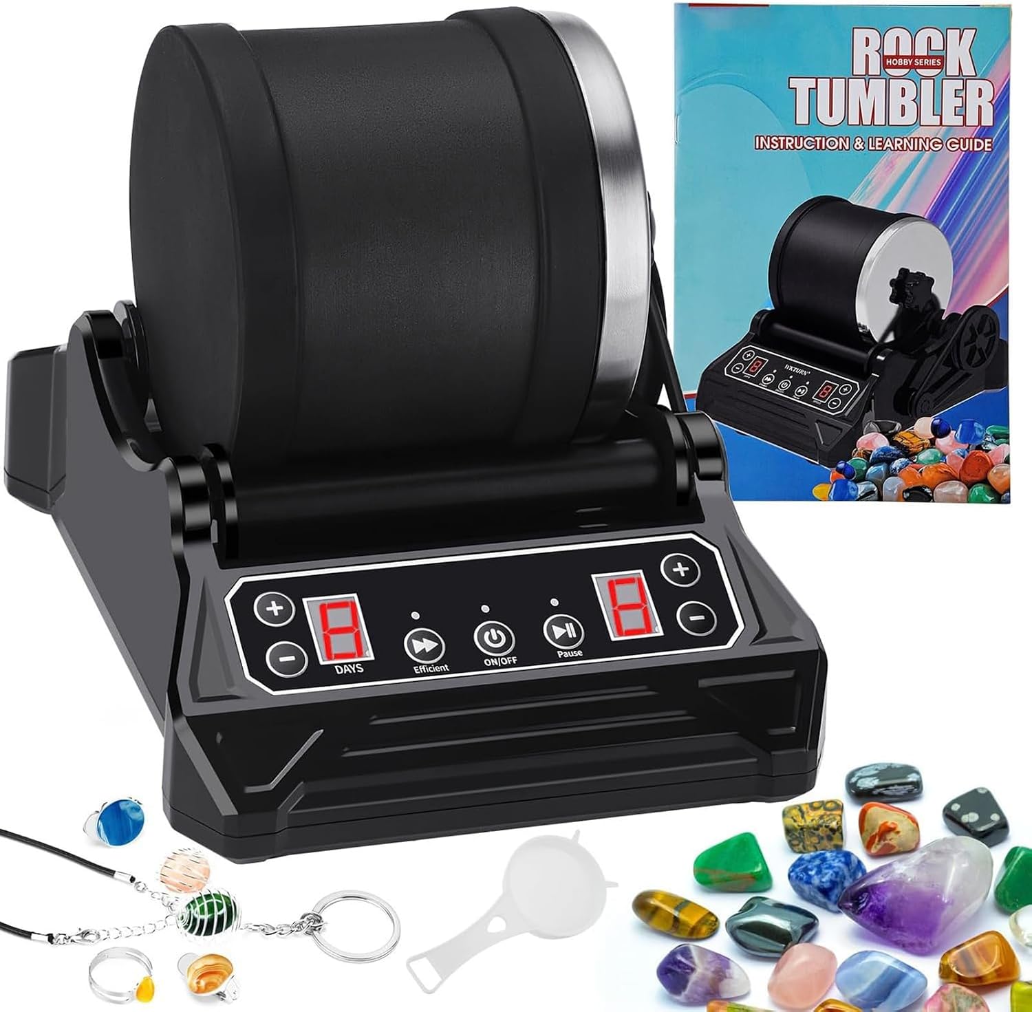 Electric Rock Tumbler Kit with LCD Display, Leakproof Barrel, 9-Speed Motor, 9-Day Timer for Tumbling and Polishing Rocks